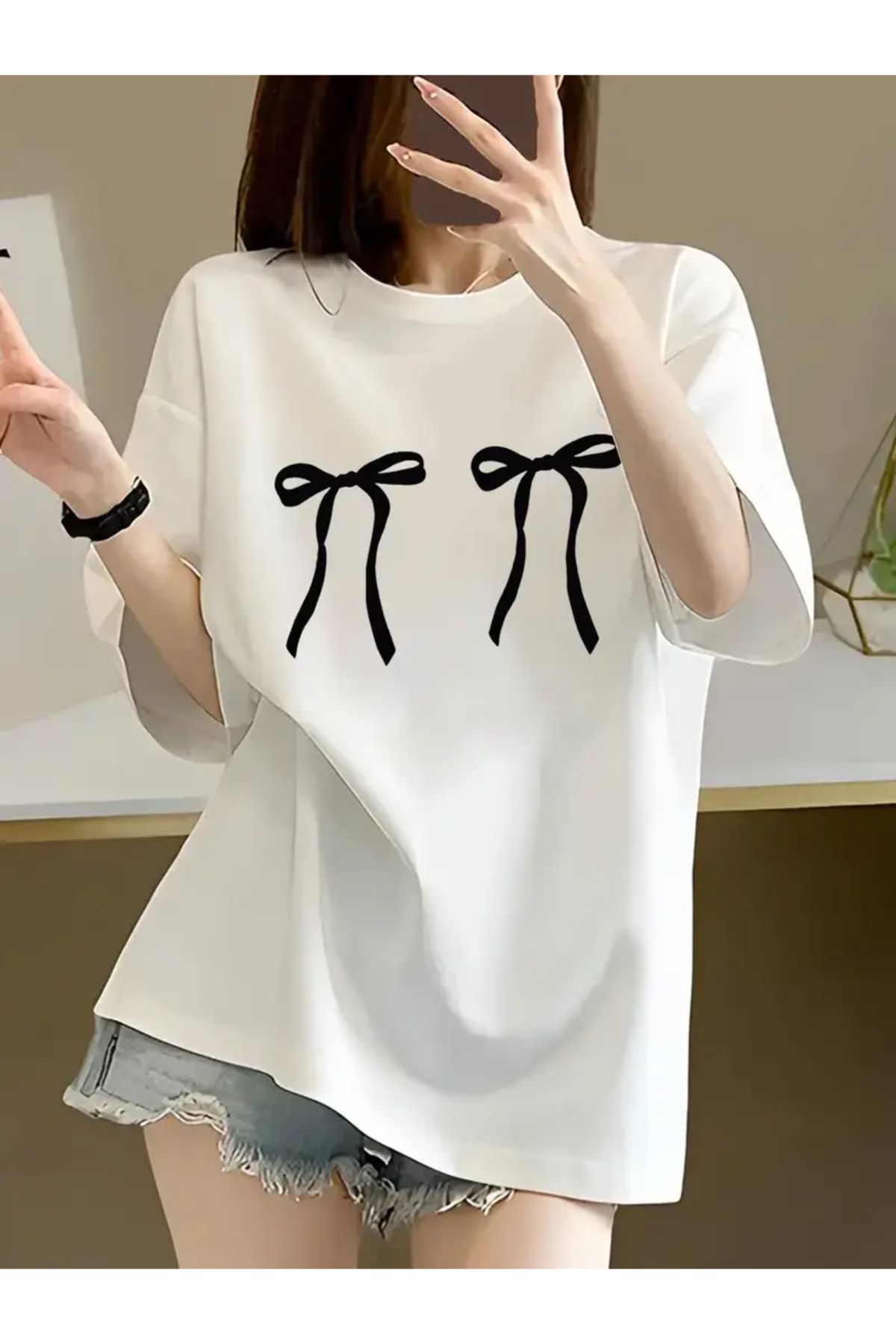 MANCY Çift Kurdele Baskılı Bisiklet Yaka Tshirt