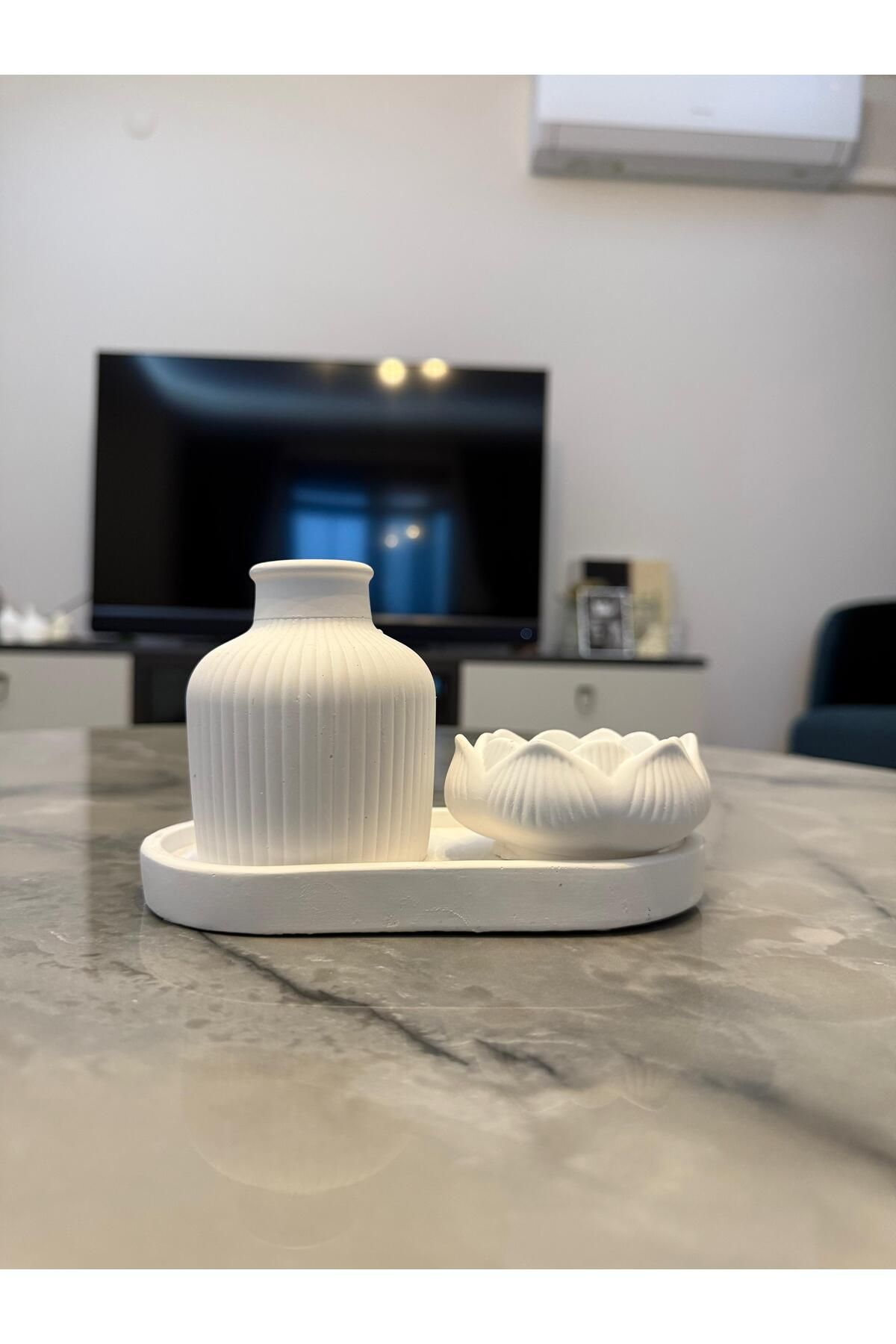 Aysili Dekorasyon Taş Tozu Vazo Lotus Mumluk Dekoratif Set