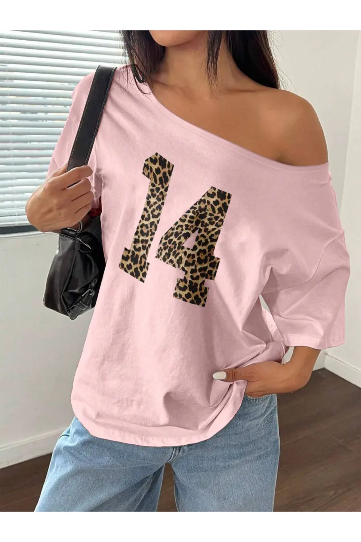MANCY Kadın Kayık Yaka Baskılı Oversize %100 Pamuk T-shirt