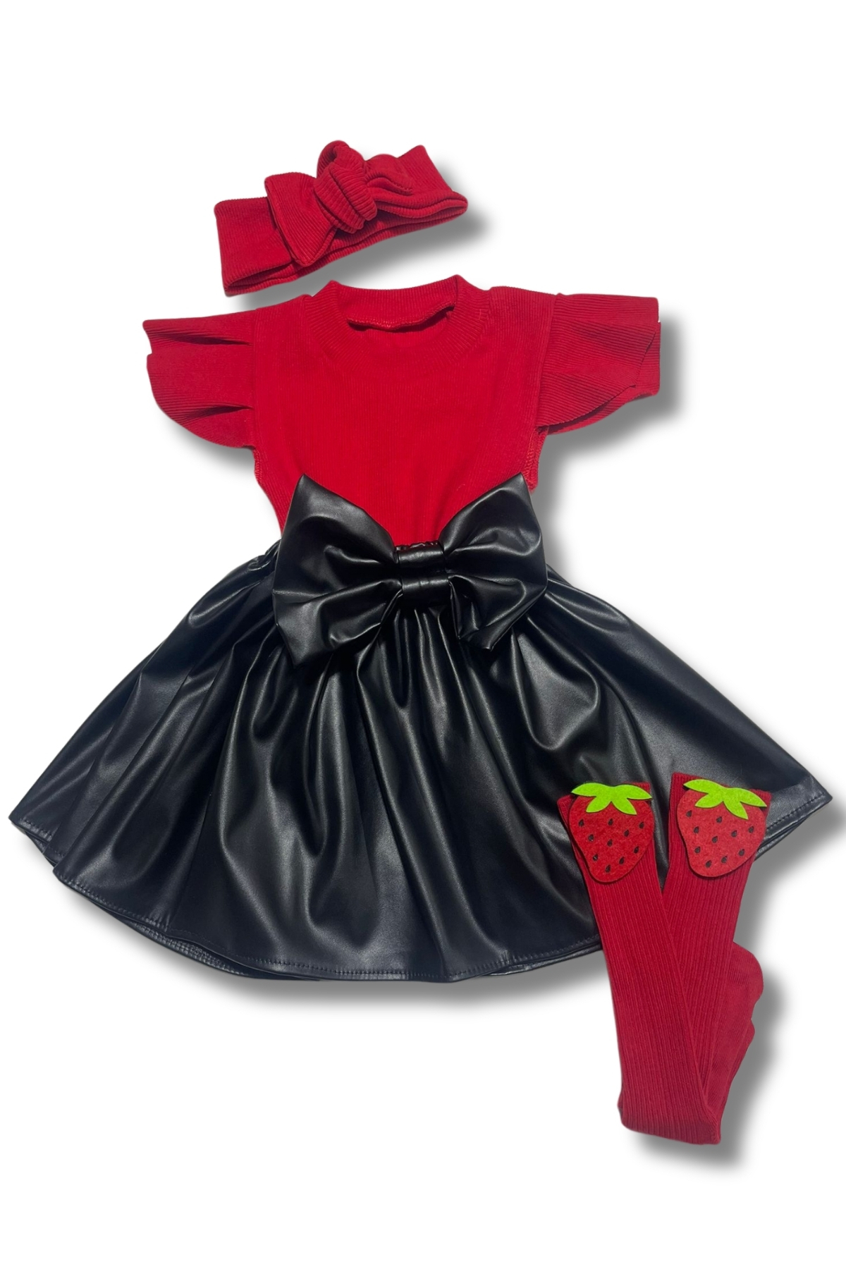 Girls Leather Skirt Bow 3-Piece Set Frilly Sleeveless Badi, Strawberry Socks, Bandana 6-9months 3yas