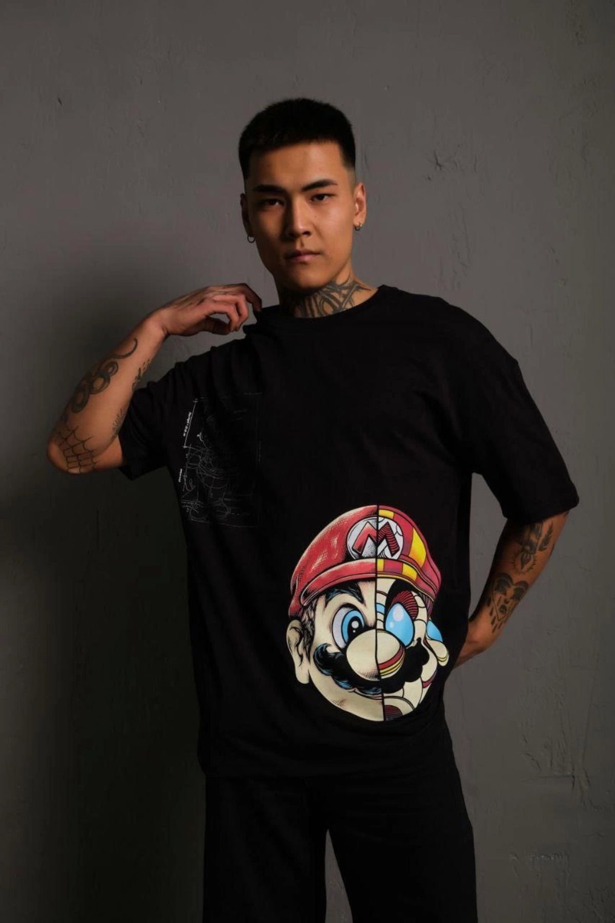Pink Stil Erkek Mario Baskılı Oversize T-Shirt - Siyah Pink Stil