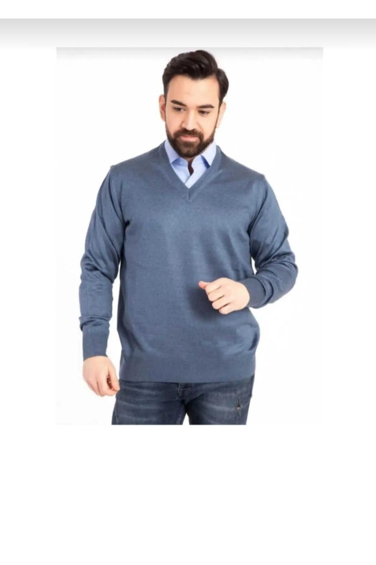 BAGİSTA BUTİK Erkek Ince Yün Triko Örgü Regular V Yaka Baba Kazak