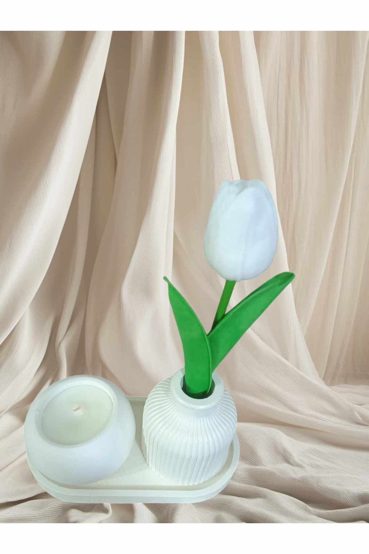 cotton my heart EL YAPIMI TAŞ TOZU BOHEM TEPSİ, VAZO, MUMLUK, YAPAY BEYAZ LALE, KOKULU MUM