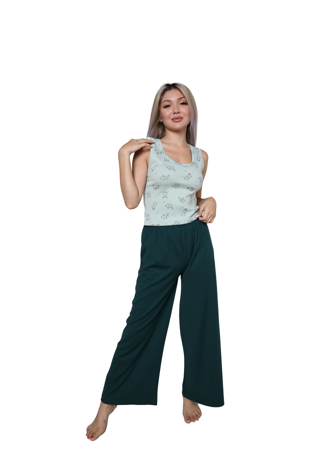 PuShe Moda Çizgi Kadın Kalın Askılı Body Bol Paça Pantolon 2`li Takım Su Yeşili 4218
