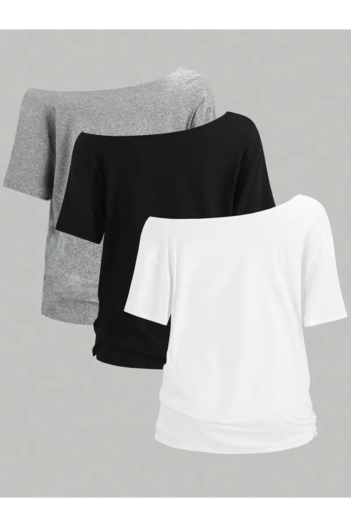 NoVibe Kadın Düşük Omuz Kayık Yaka 3'lü T-shirt Set
