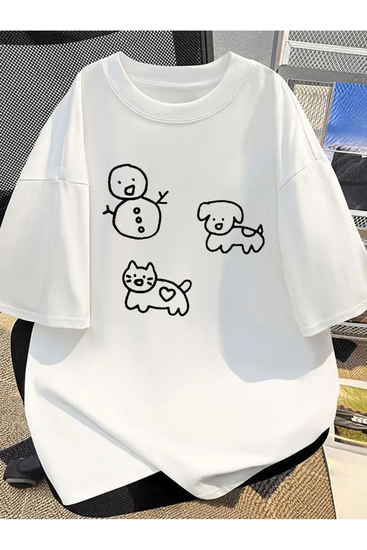 MANCY Unisex Kardan Adam Köpek Kedi Çizim Baskılı Oversize %100 Pamuk T-shirt