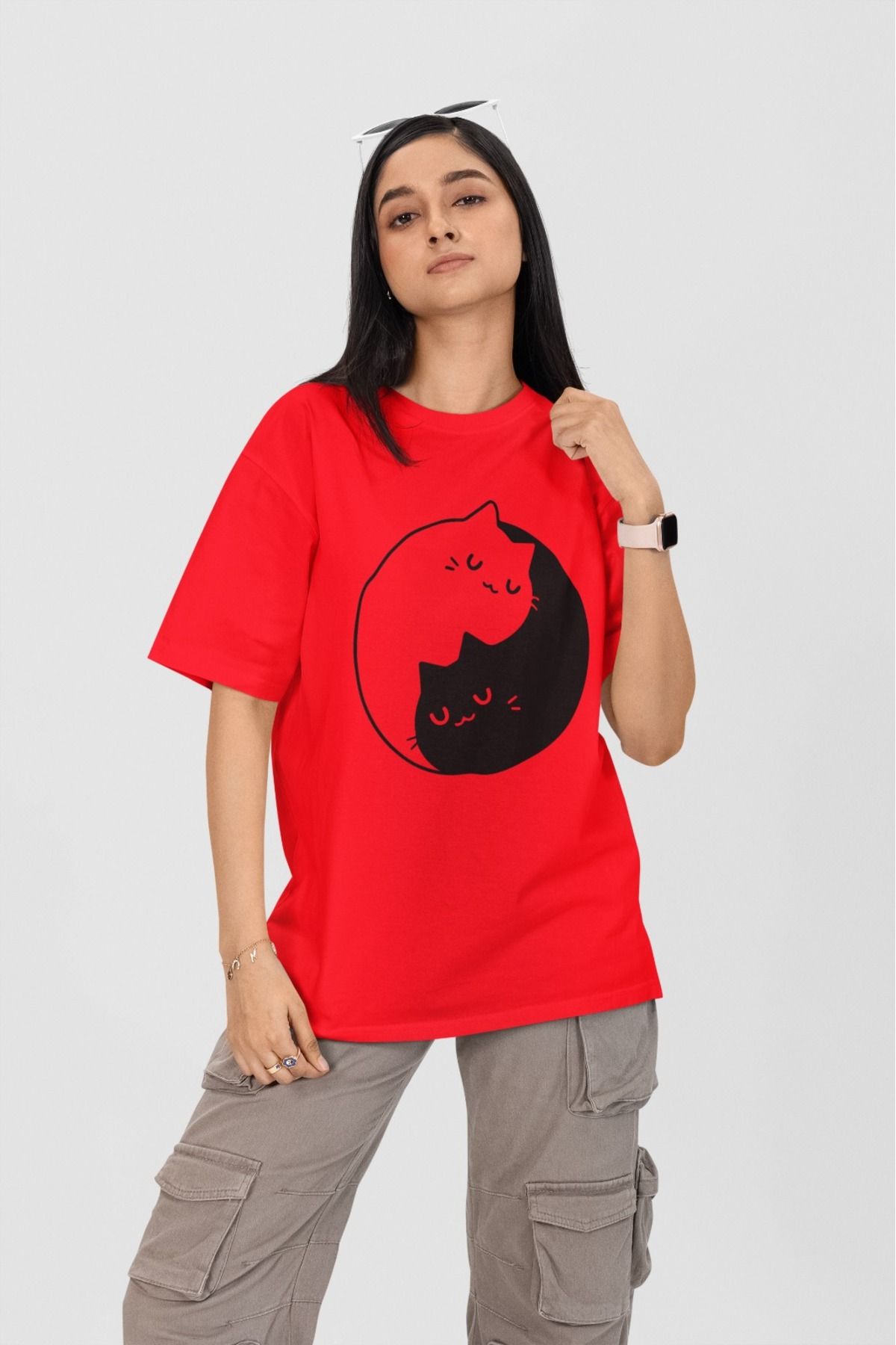 Butik %100 PAMUK ERKEK/KADIN -KEDİ 4 - TRANSFER BASKILI YUVARLAK YAKA KISA KOL TİŞÖRT