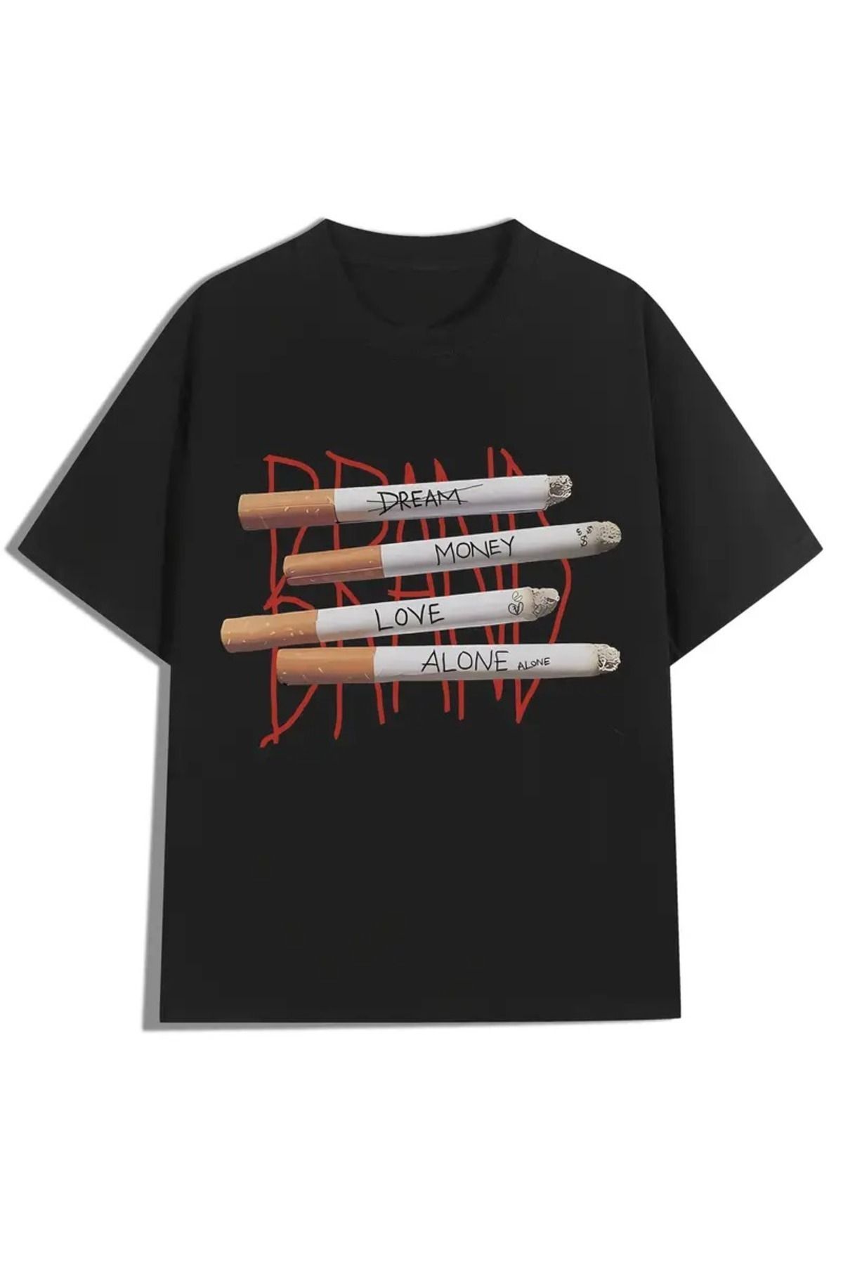 MANCY Unisex Dream Money Love Alone Sigara Baskılı Oversize %100 Pamuk T-shirt