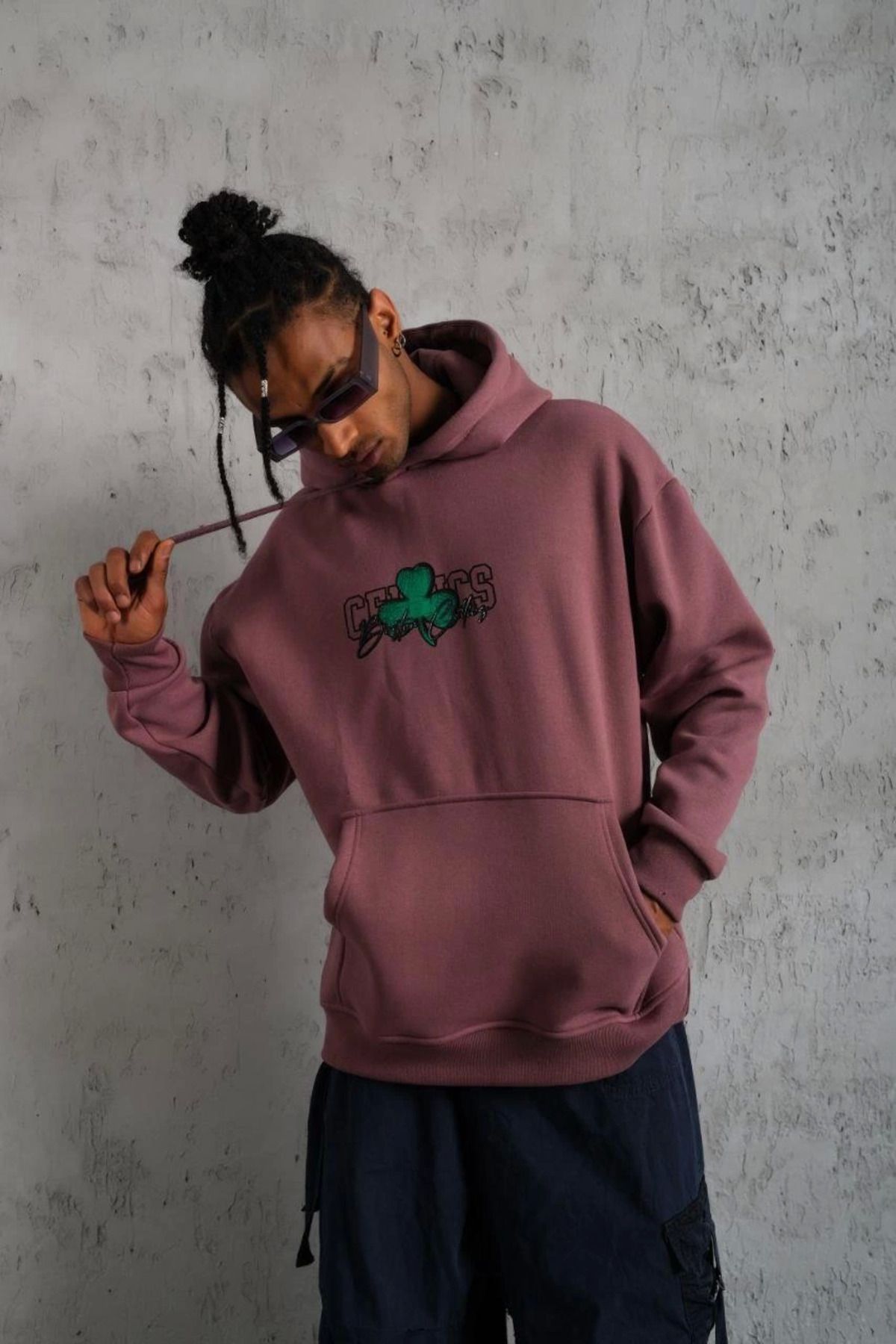 Pink Stil Erkek Baskılı Kapüşonlu ve Kordon İpli Sweat - Gül Kurusu Pink Stil