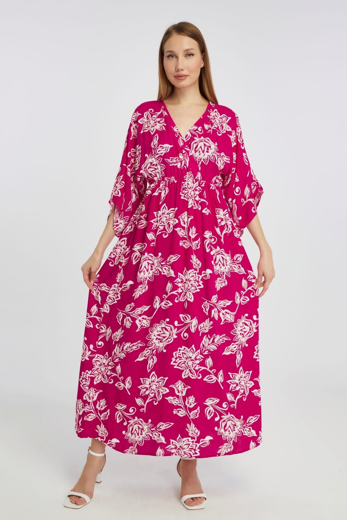 MODA Pembe Beyaz Çiçek Desenli Elbise
