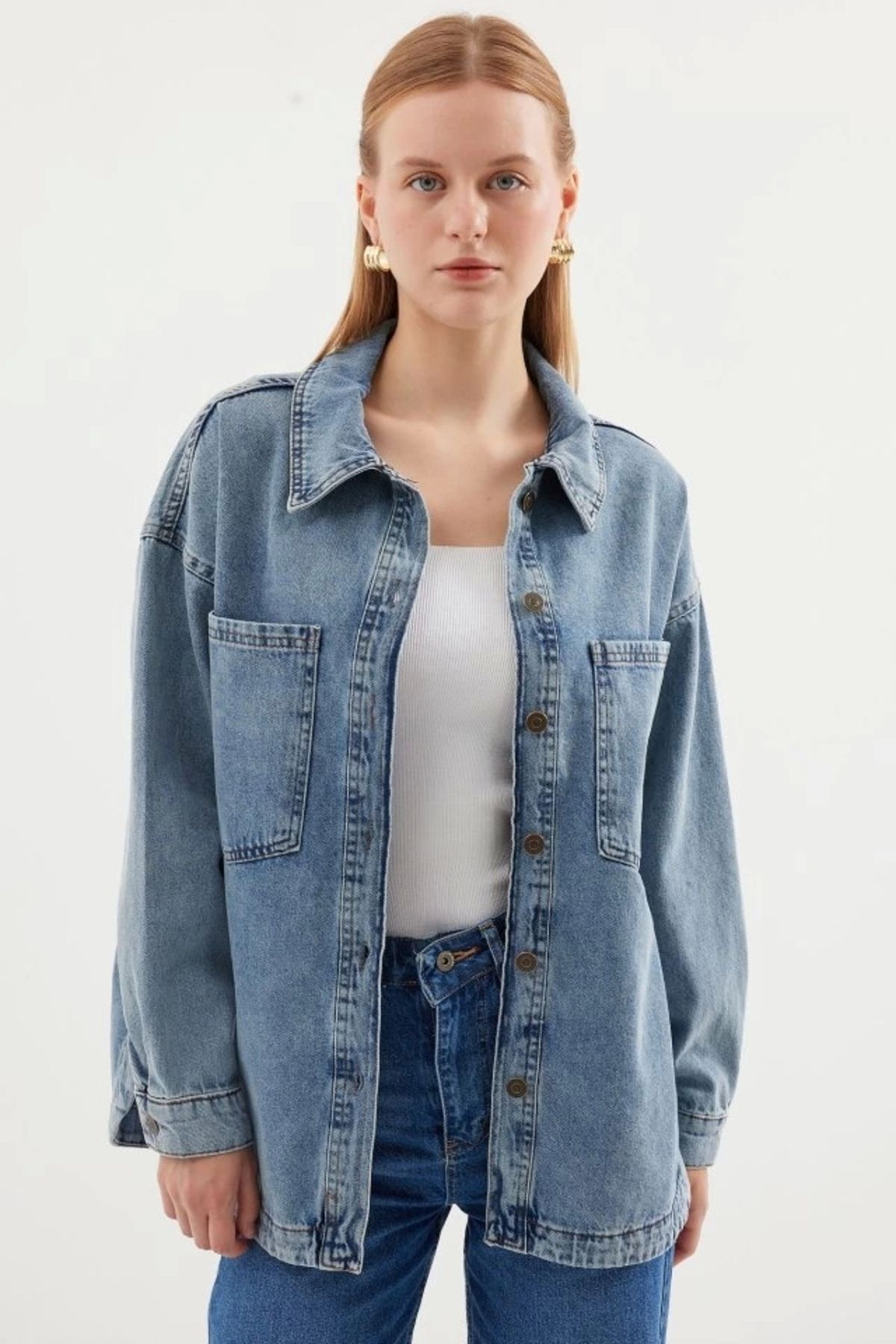 Kaplan 0694 Çift Cepli Oversize Denim Ceket - Buz Mavi