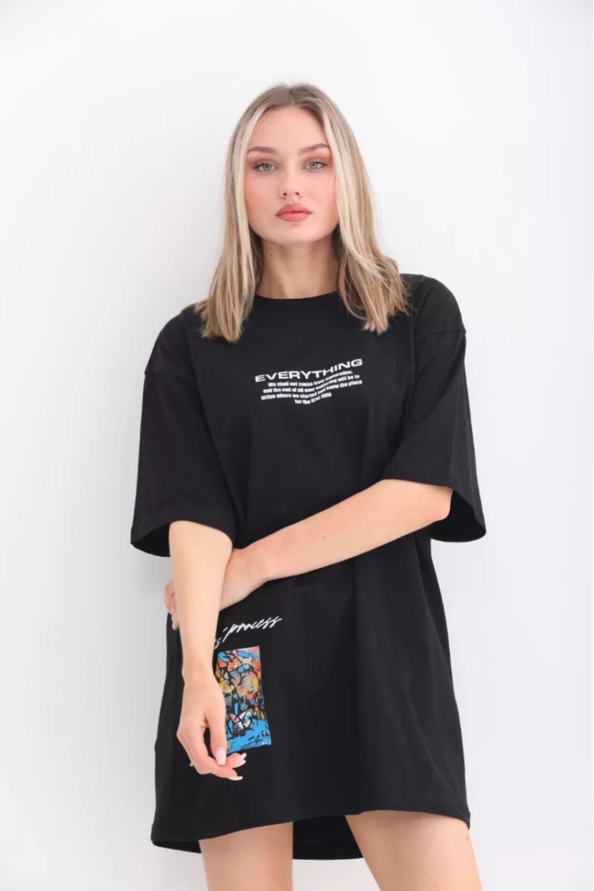 Flaubert Unisex Bisiklet Yaka Baskılı Oversize T-Shirt-Ön ve kollarda baskı