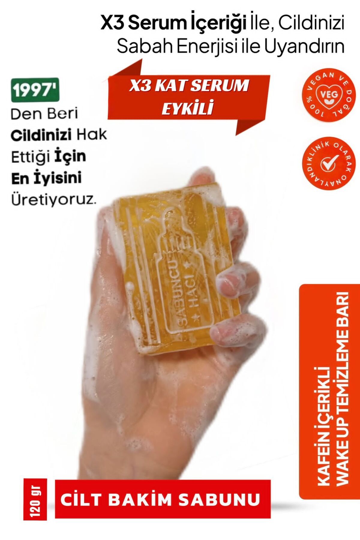 Sabuncu Hacı Wake up Yüz Temizleme Barı,ekstra kafein Serumu Etkili yüz şişkinlik azaltıcı sabun 120 gr