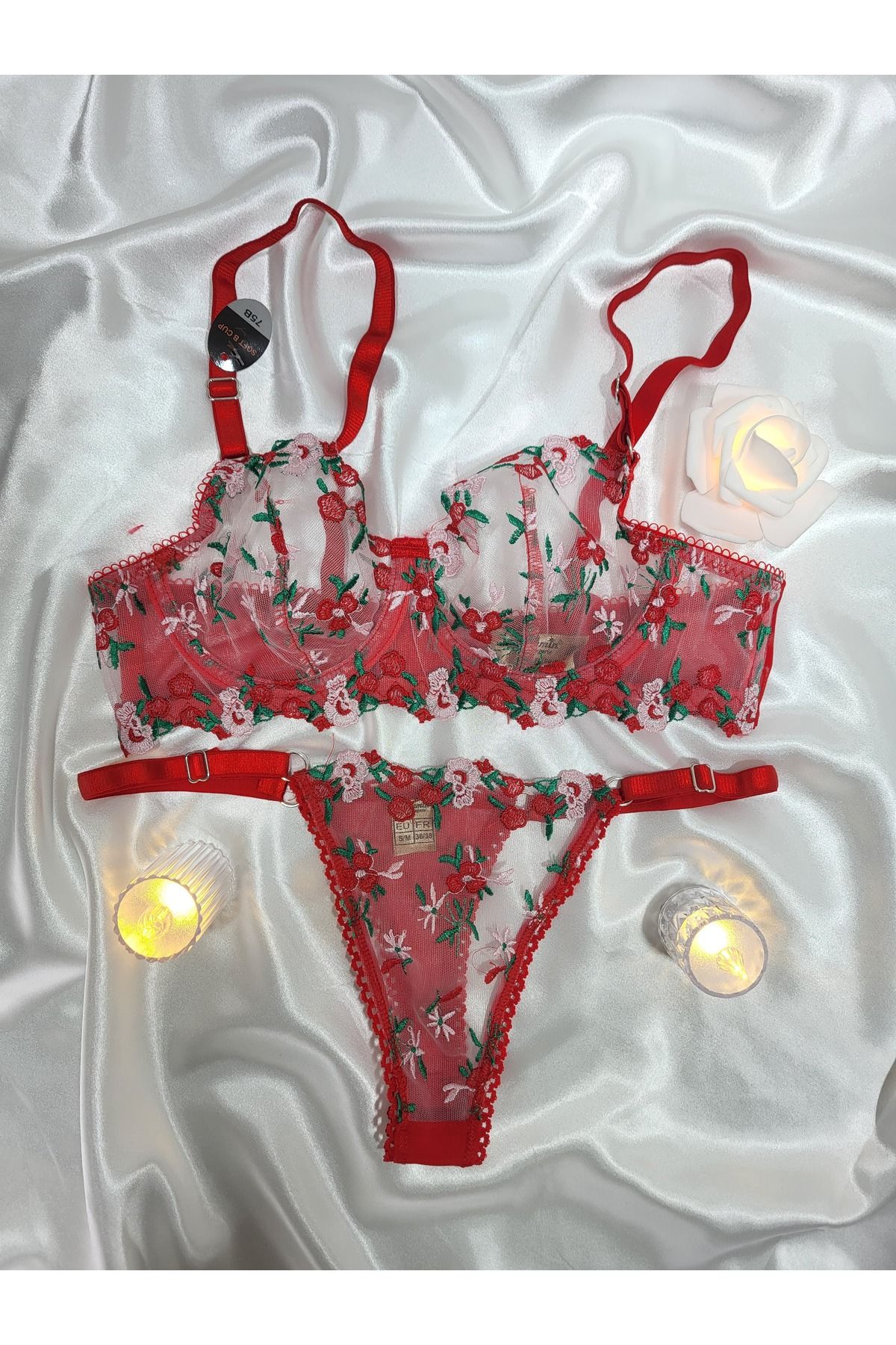 shop Kırmızı Çiçek Desenli Sütyen Takım