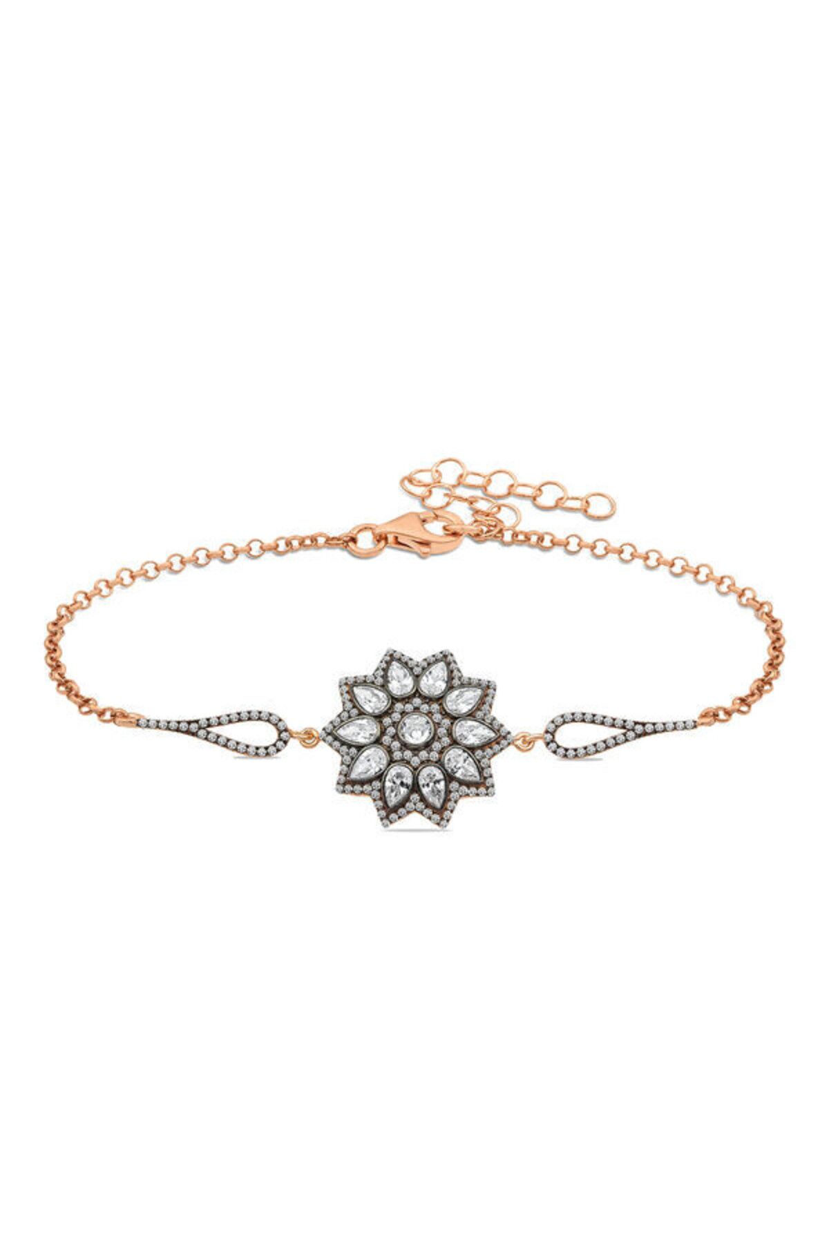 shop Rose Çiçek Desenli Elmas Montur Otantik 925 Ayar Gümüş Bileklik