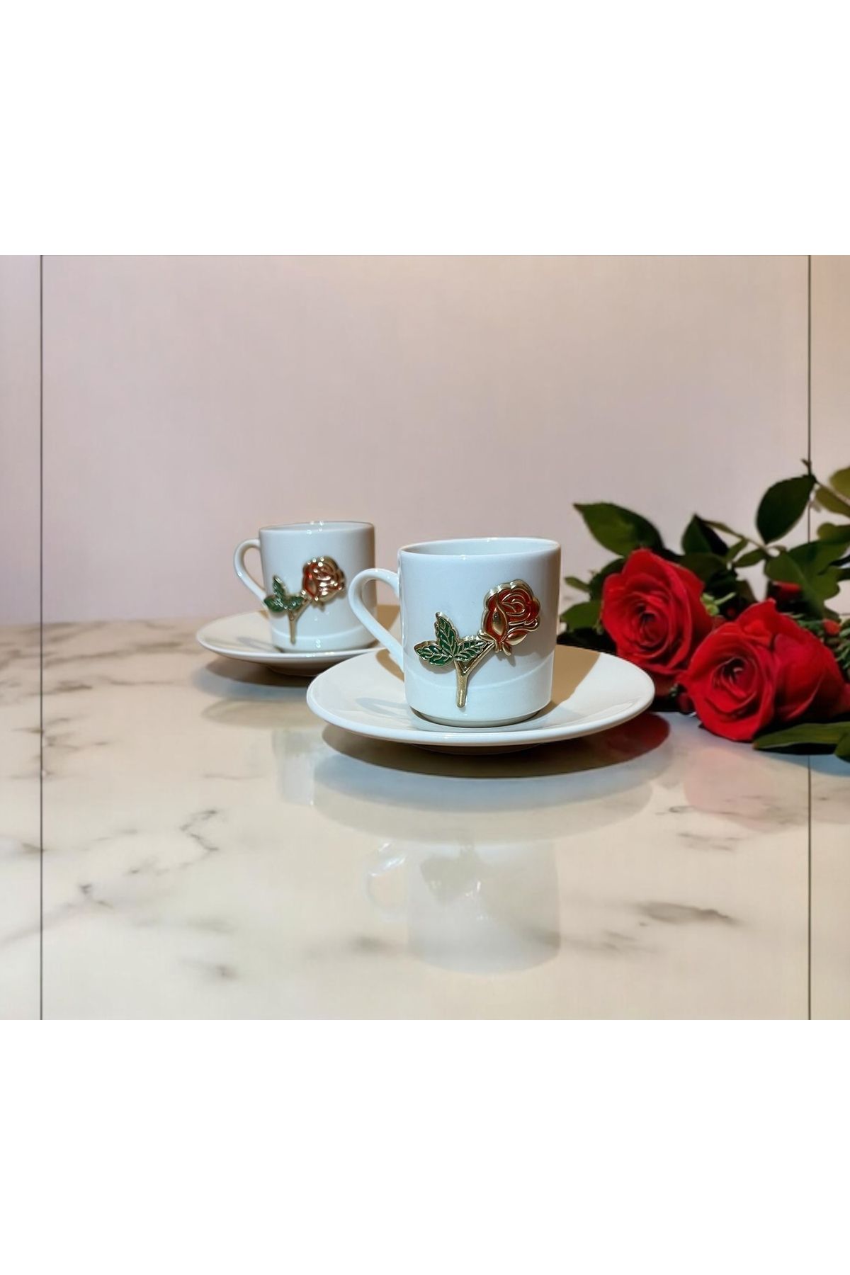 Giftorium Group Gül Motifli 4 Parça 2 Kişilik Porselen 2'li Fincan Takımı