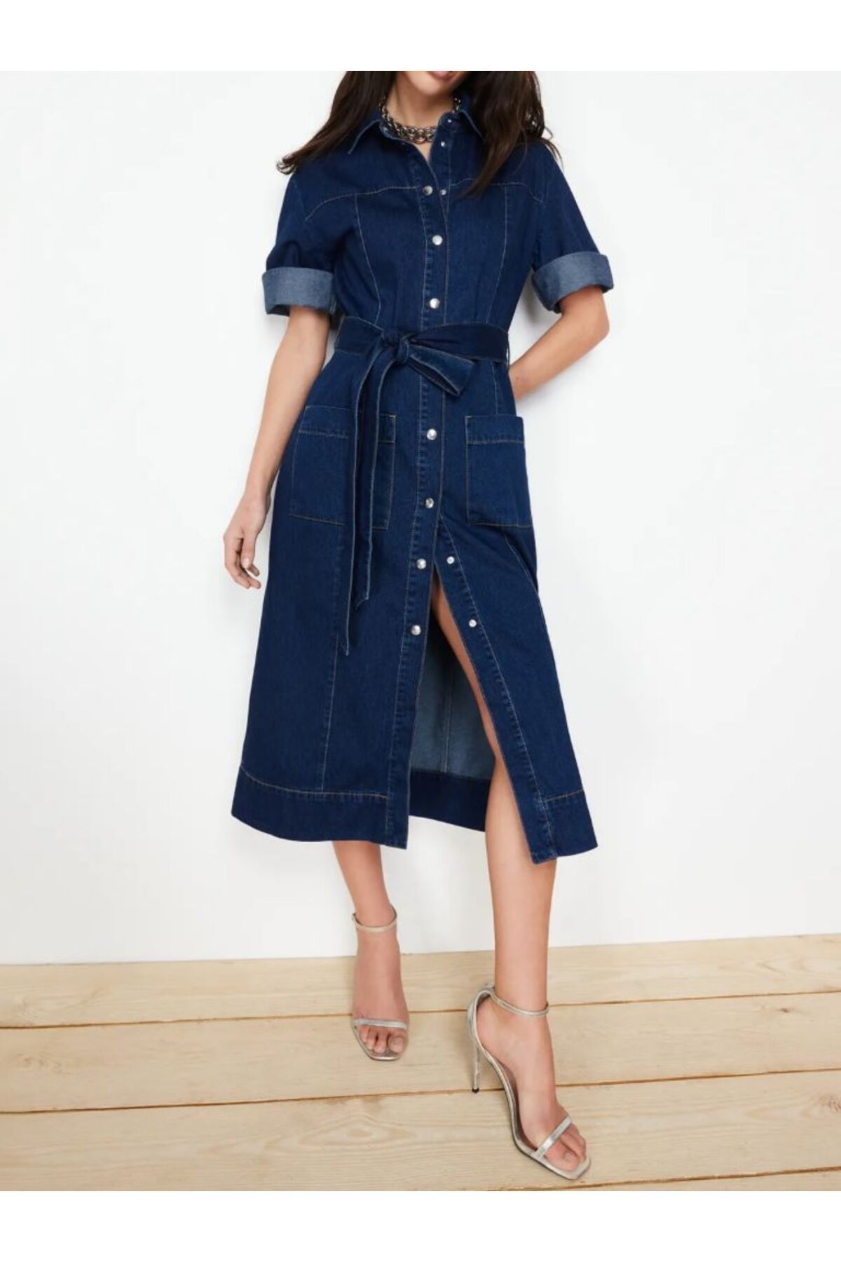 KARACAN COMPANY Kemerli Maxi Denim Elbise
