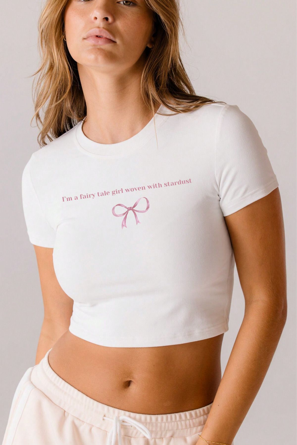NAKRUF Kadın Stardust Yazı Baskılı Kısa Kollu Organik Pamuklu Bisiklet Yaka Crop Beyaz T-shirt