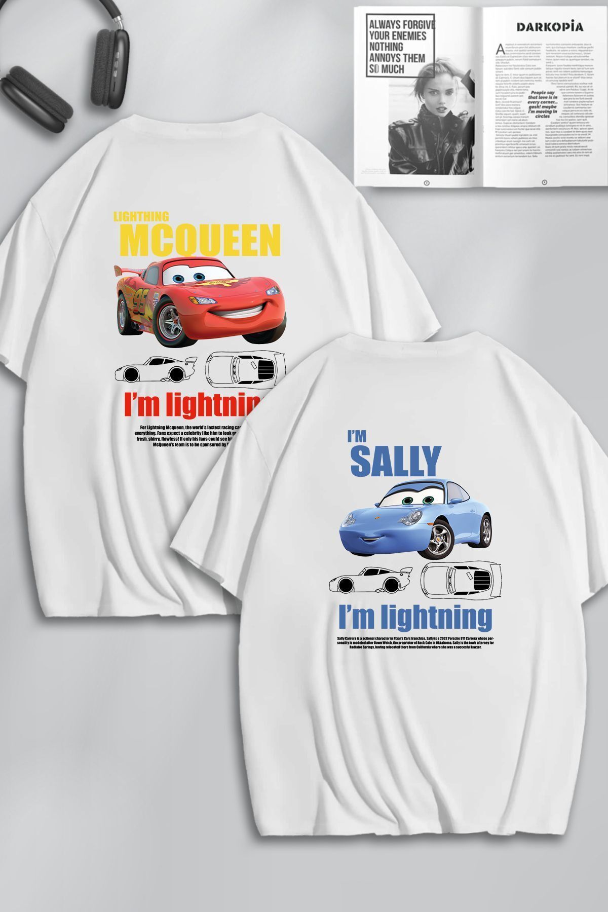 modaberry 2'Li McQueen Sally Sevgili T-Shirt - Beyaz Baskılı Oversize Bisiklet Yaka Kısa Kol