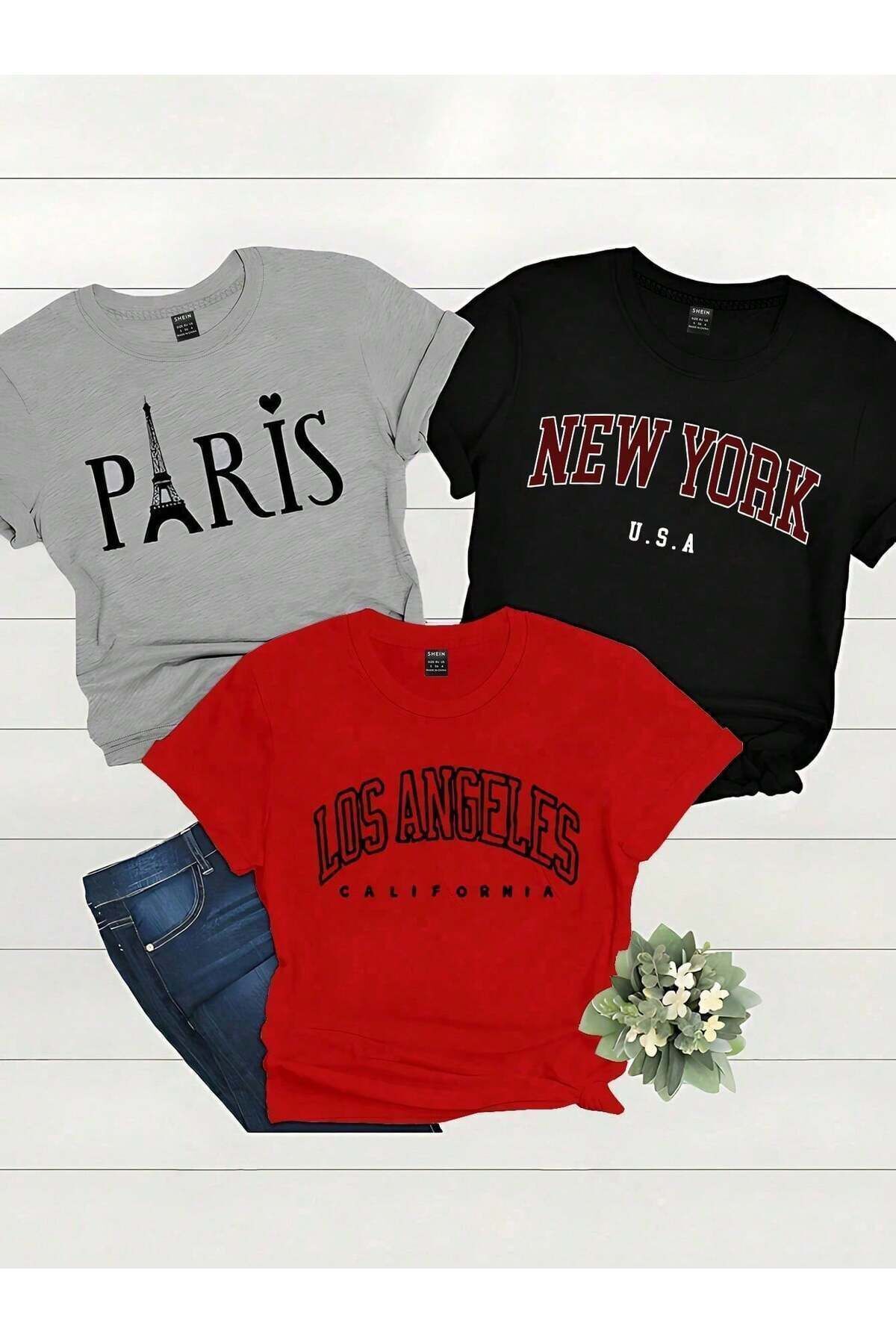 modaberry 3'lü Usa Countries T-Shirt - Gri Siyah Kırmızı Baskılı Oversize Kısa Kol Bisiklet Yaka