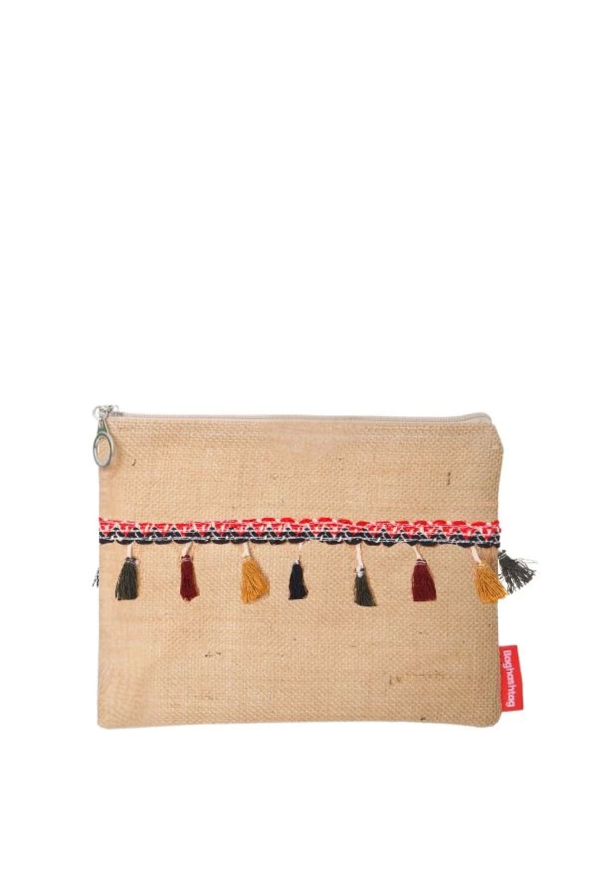Angoravi Baghashtag Vintage Pon Pon Püsküllü Jüt Clutch Bez Çanta