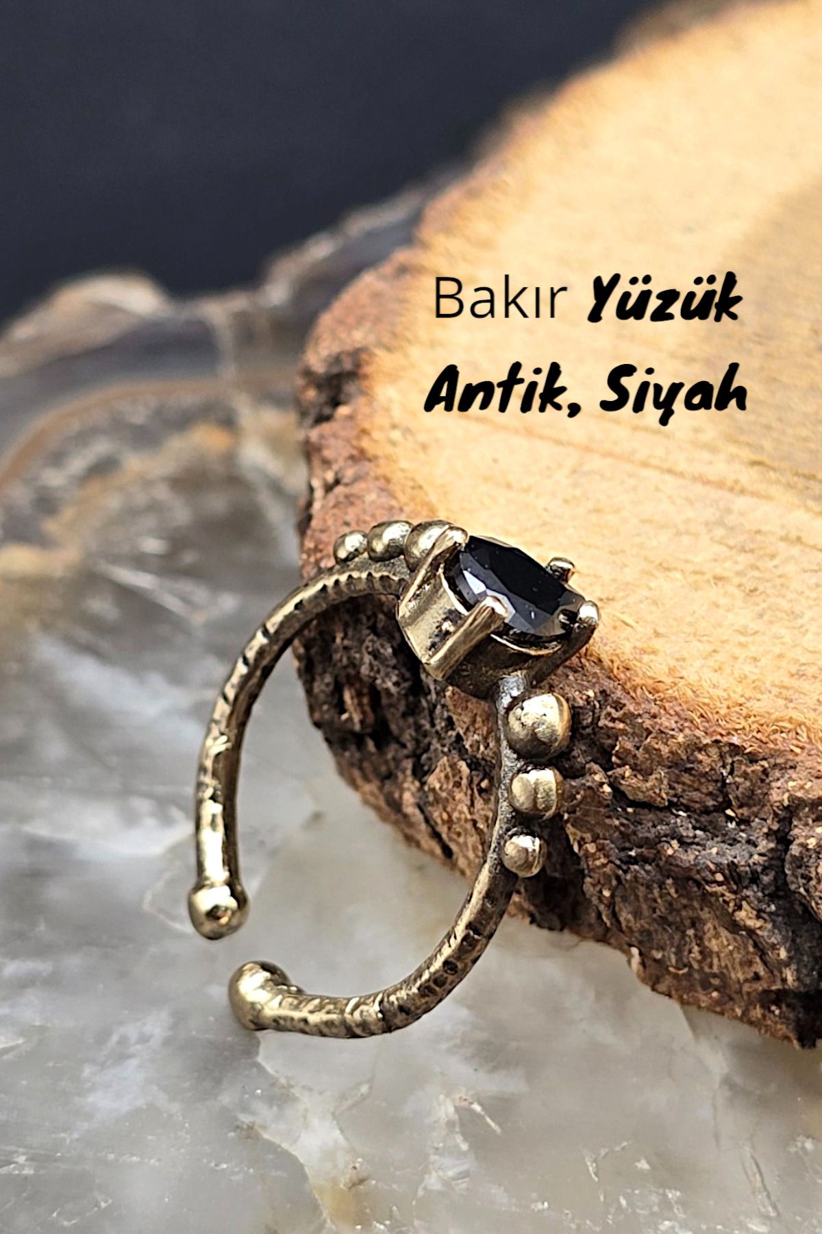 NBS Beautiful Naturel Stones Bakır Yüzük Siyah Kristal Ayarlanabilir Zarif Küçük Antik Trend ( Hediyelik , Günlük , Özel Gün )