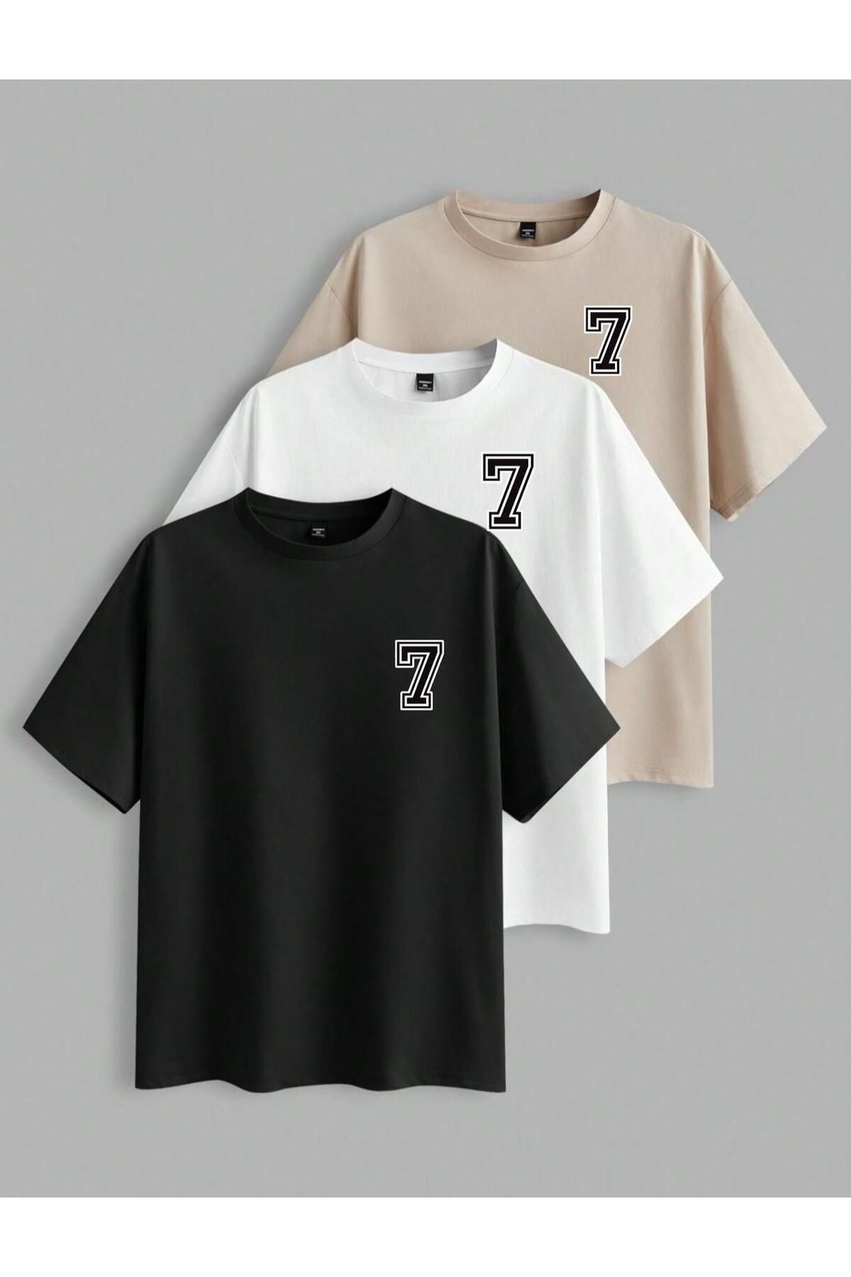 modaberry 3'lü 7 Numara T-Shirt - Siyah Beyaz Bej Baskılı Oversize Kısa Kol Bisiklet Yaka