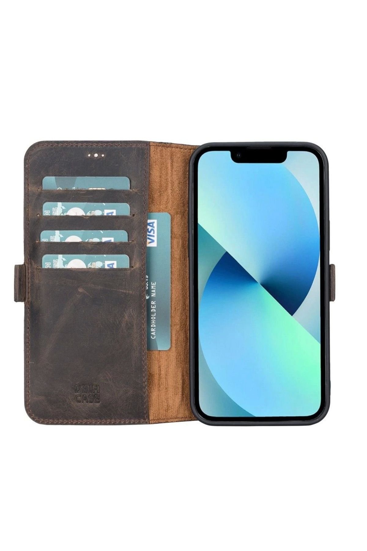 Angoravi Apple iPhone 13 Pro Max Uyumlu Deri Cüzdanlı Kılıf Acı Kahve