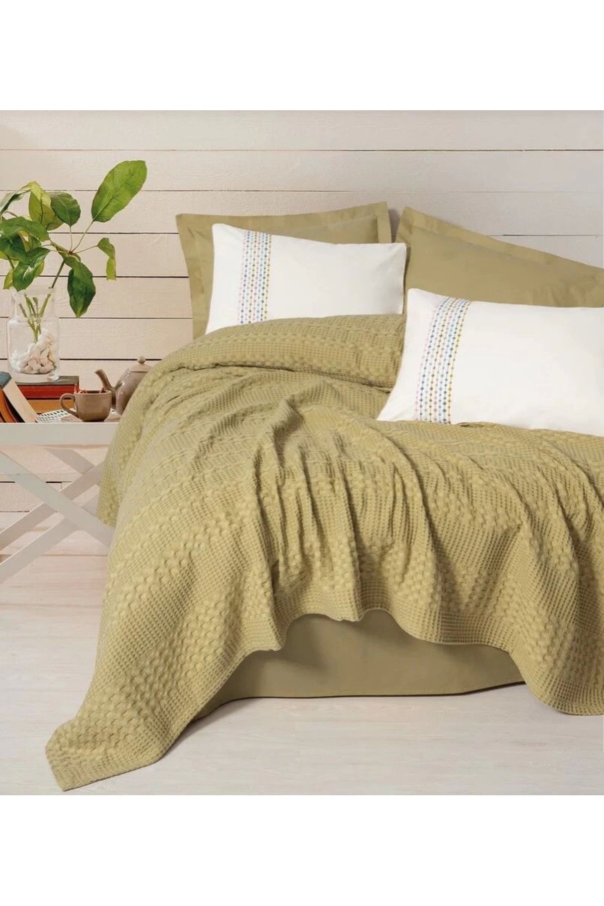 Angoravi Cotton Box Aura Çift Kişilik Pike Takımı Pebble Hardal