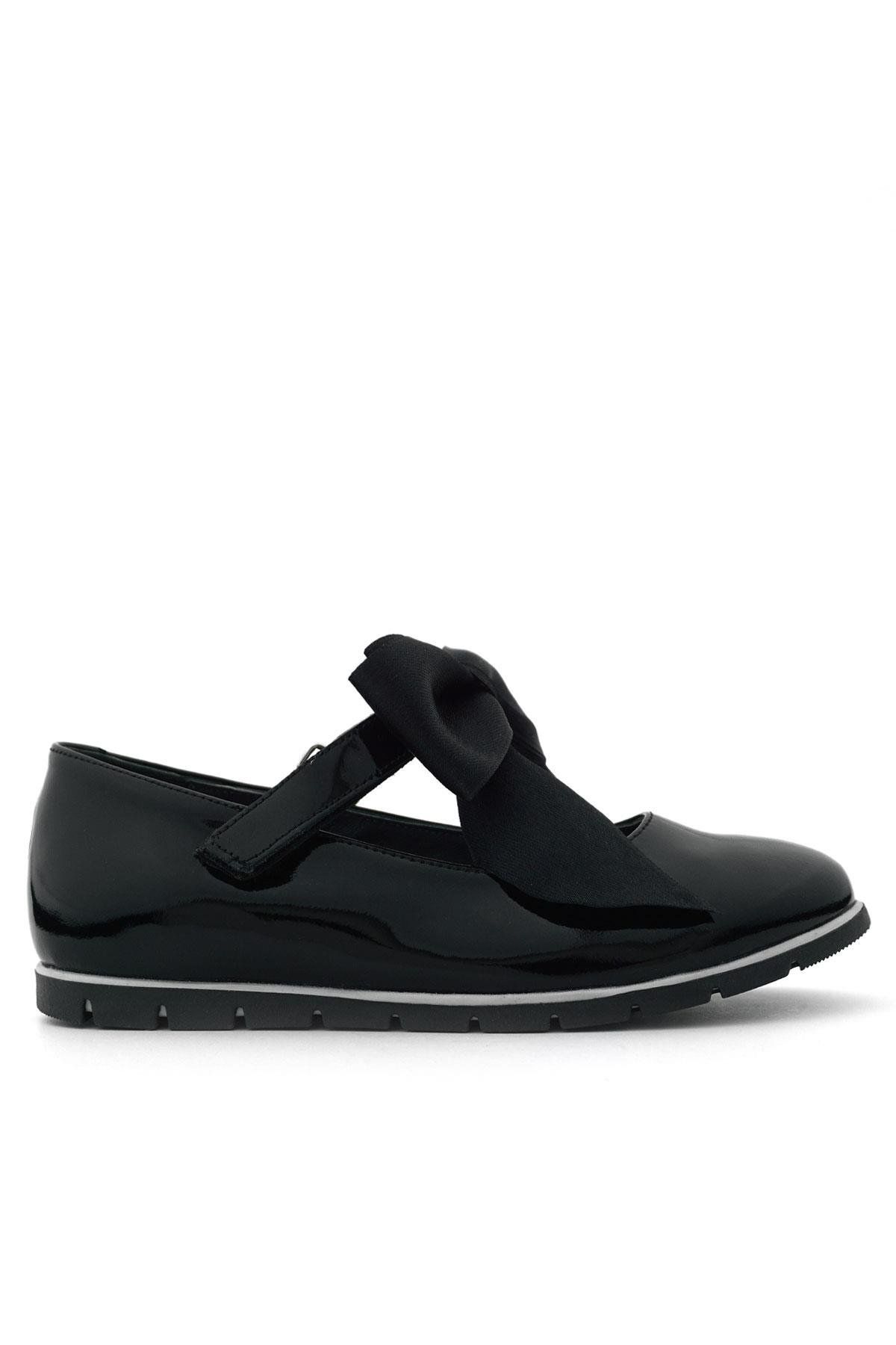 Rakerplus-Genuine Leather Black Patent Leather Girls' Ballerinas with Black Ribbon 2