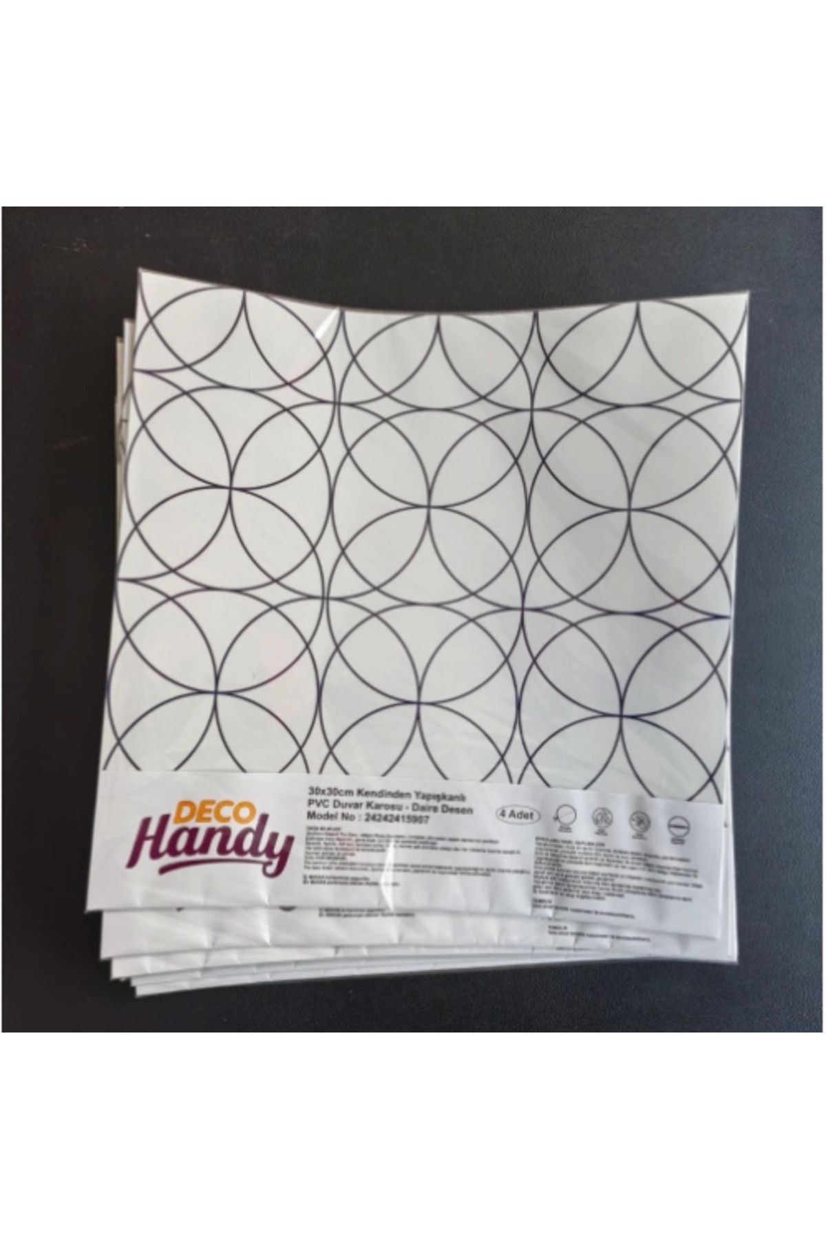 KAKTÜS JACK DecoHandy Pvc Duvar Karosu 30x30cm 4'lü Paket - Siyah Daire Geometrik Desen 0,36m2