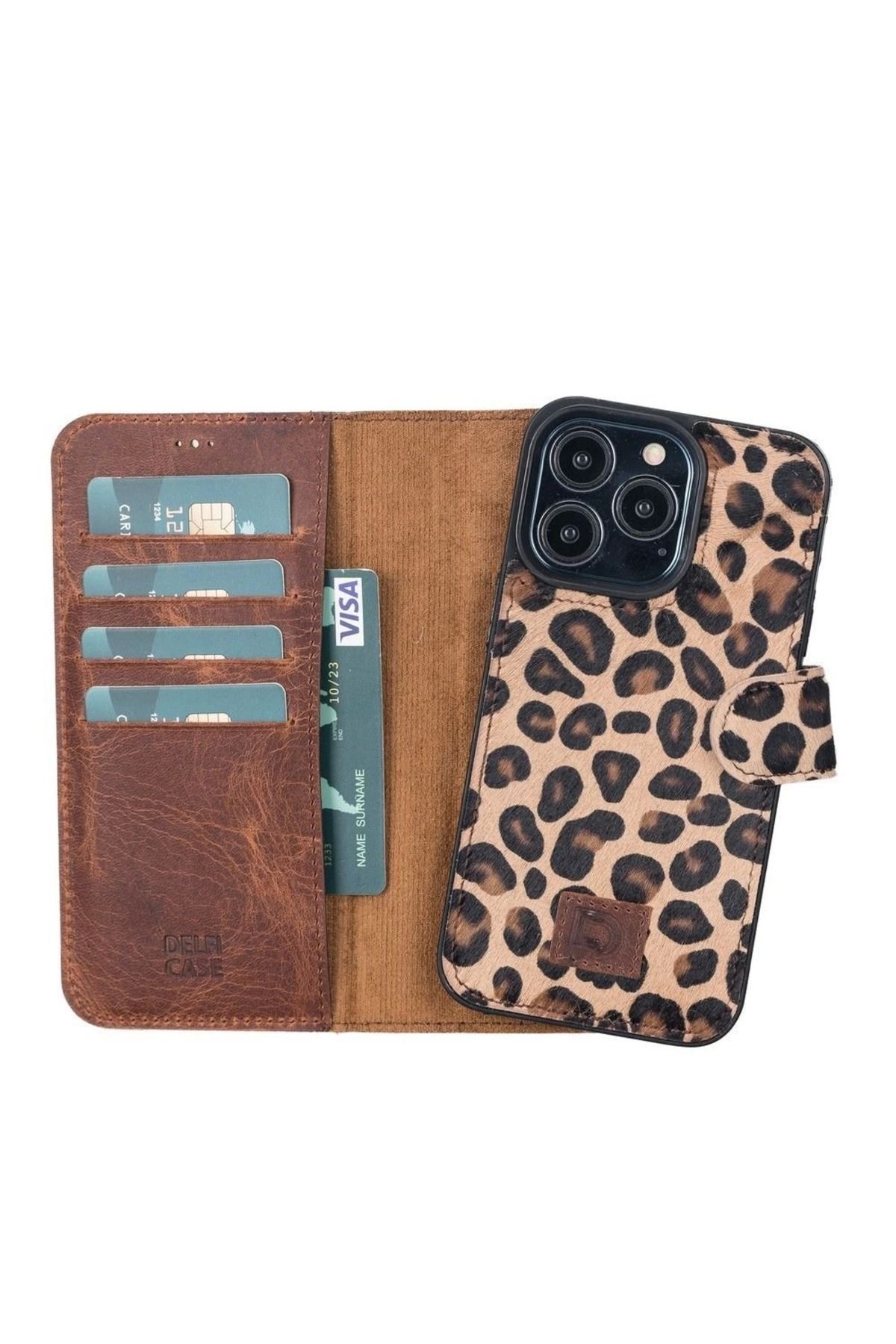 Angoravi Apple iPhone 13 Pro Uyumlu Deri Cüzdanlı Kılıf Leopar Desen