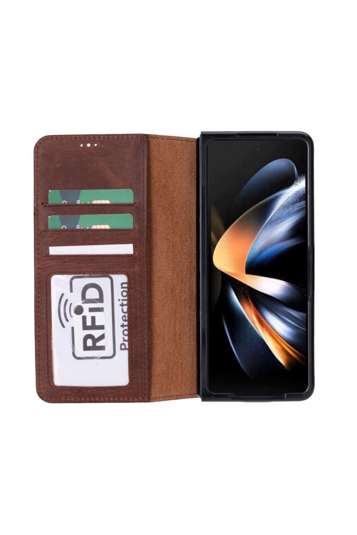 Angoravi Samsung Galaxy Z Fold5 Uyumlu Deri Cüzdanlı Kılıf Antik Kahve