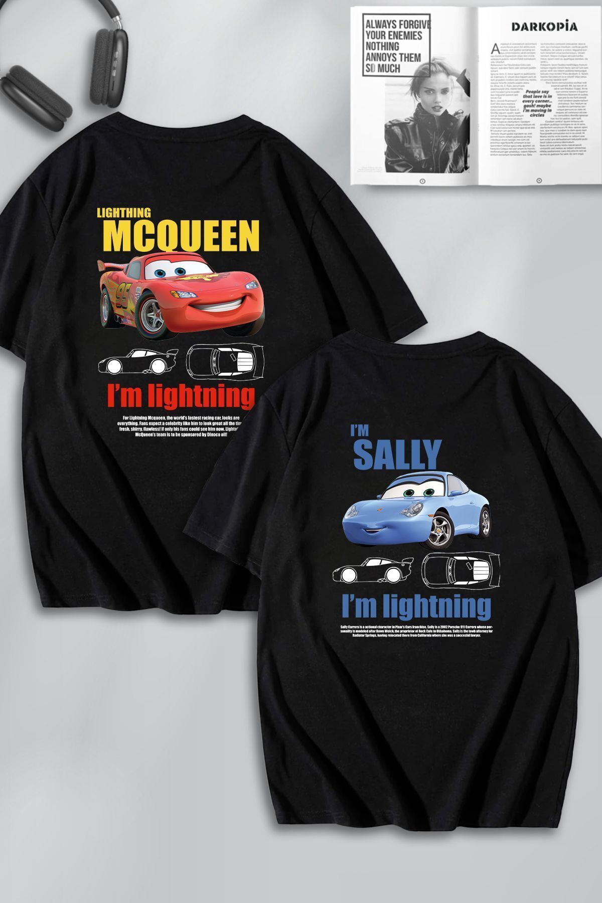 modaberry 2'Li McQueen Sally Sevgili T-Shirt - Siyah Baskılı Oversize Bisiklet Yaka Kısa Kol