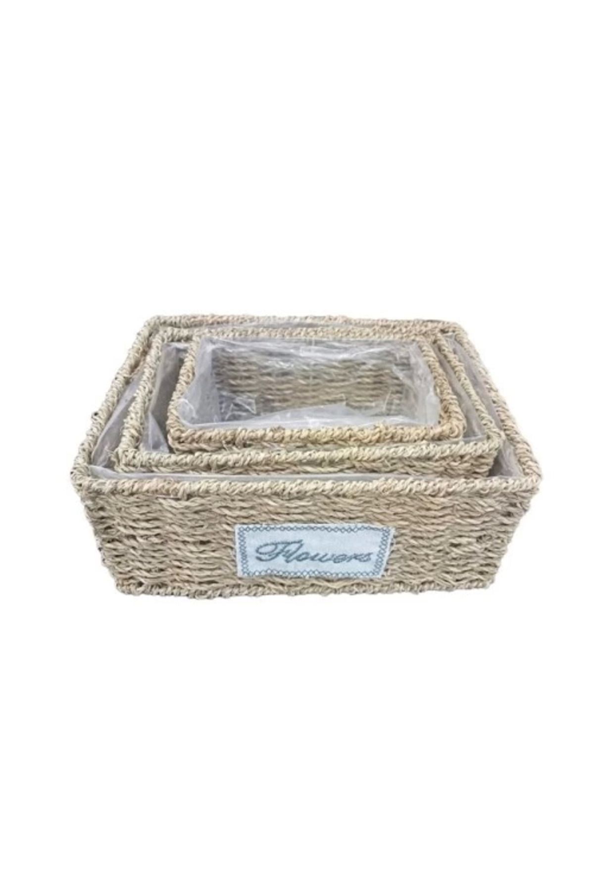 MELFSHOP Dikdörtgen Doğal Hasır Saksı Seti - 3'lü