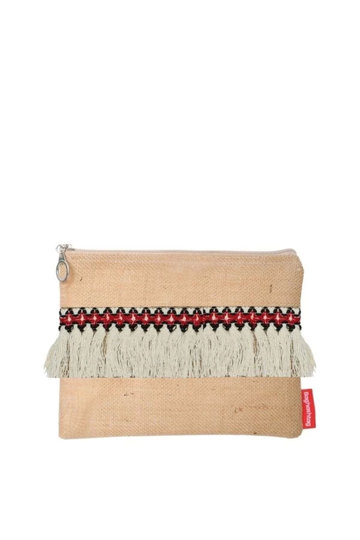 Angoravi Baghashtag Beyaz Apache Püsküllü Jüt Clutch Bez Çanta