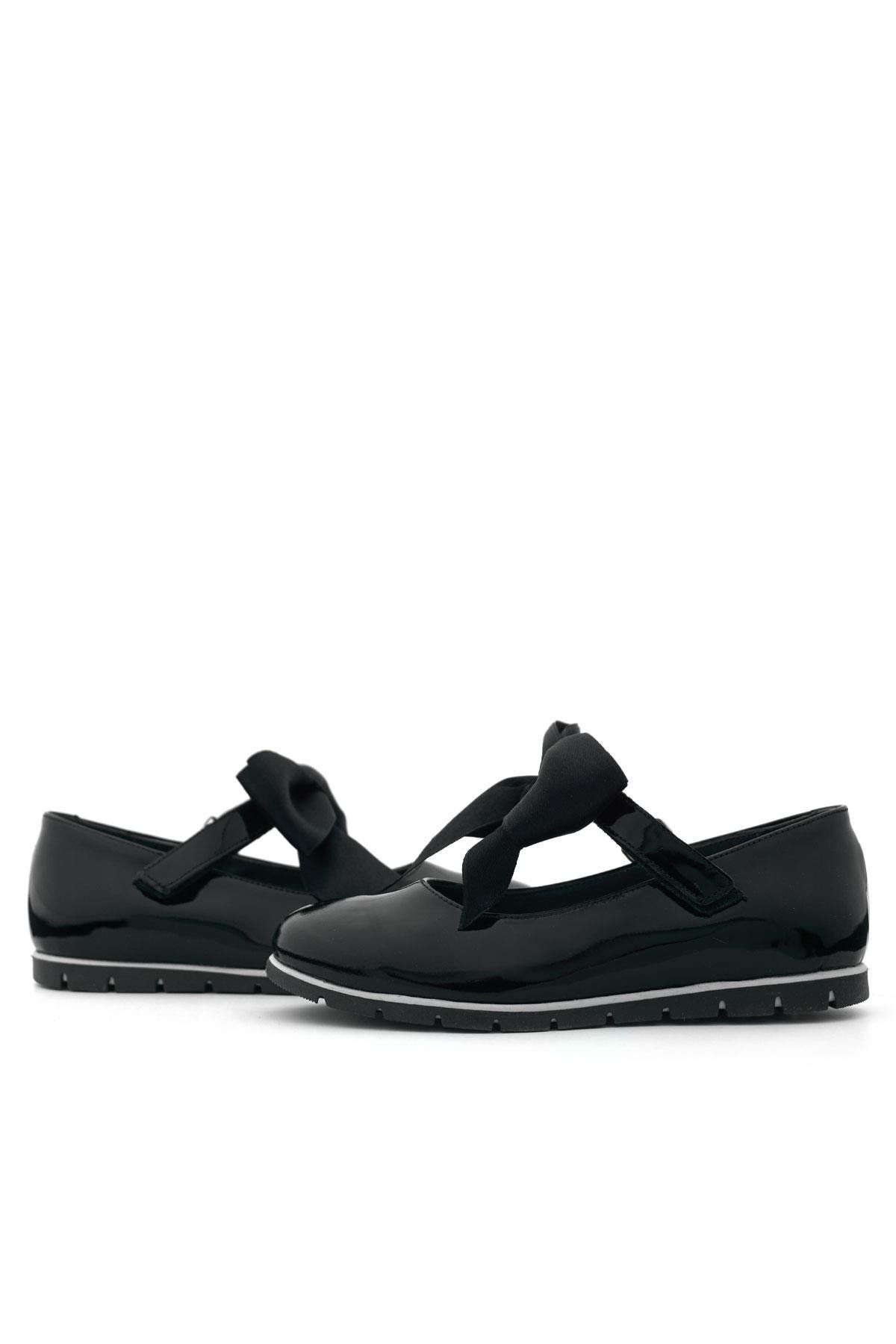 Rakerplus-Genuine Leather Black Patent Leather Girls' Ballerinas with Black Ribbon 7