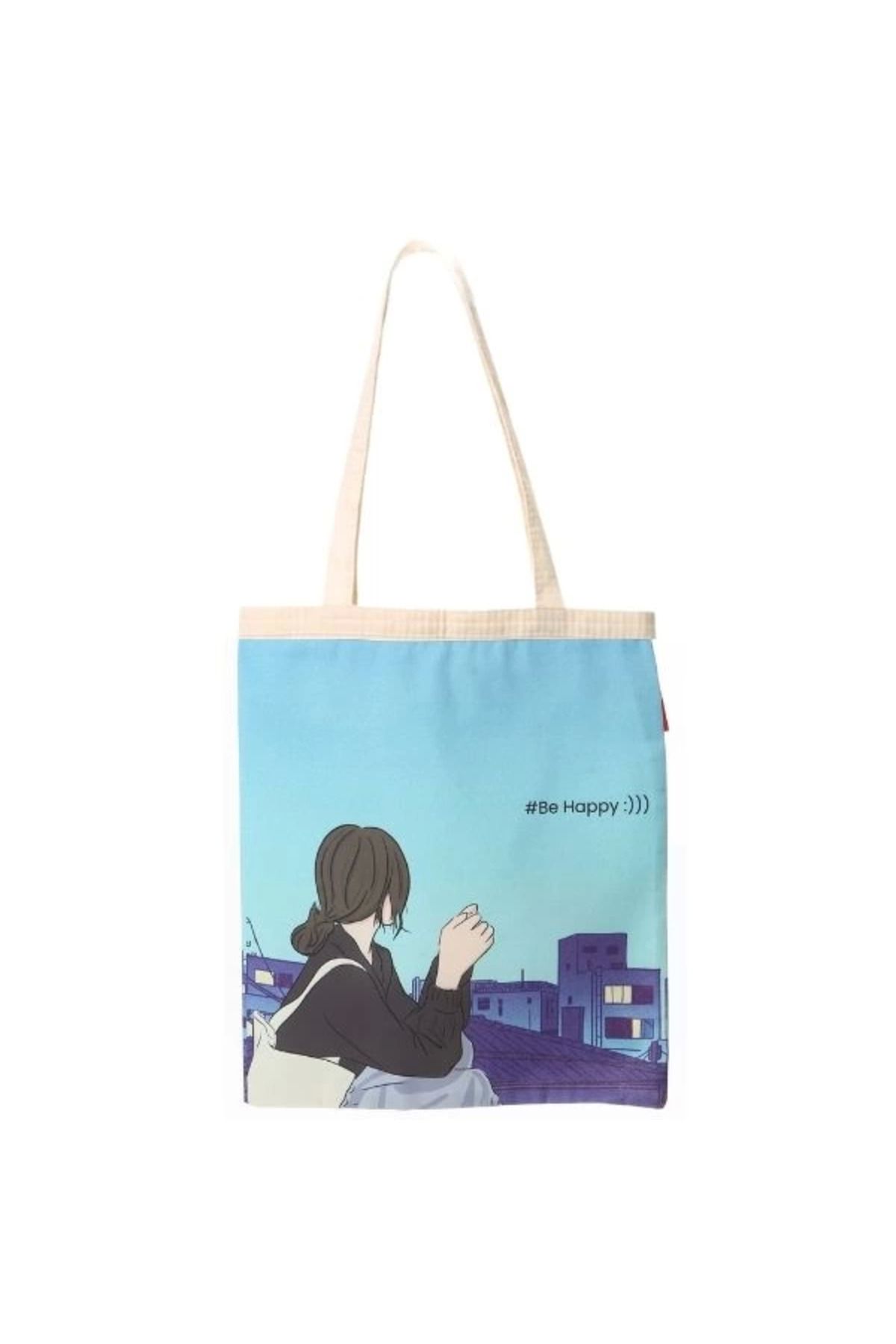 Angoravi Baghashtag Anime Kız Be Happy Baskılı Bez Çanta