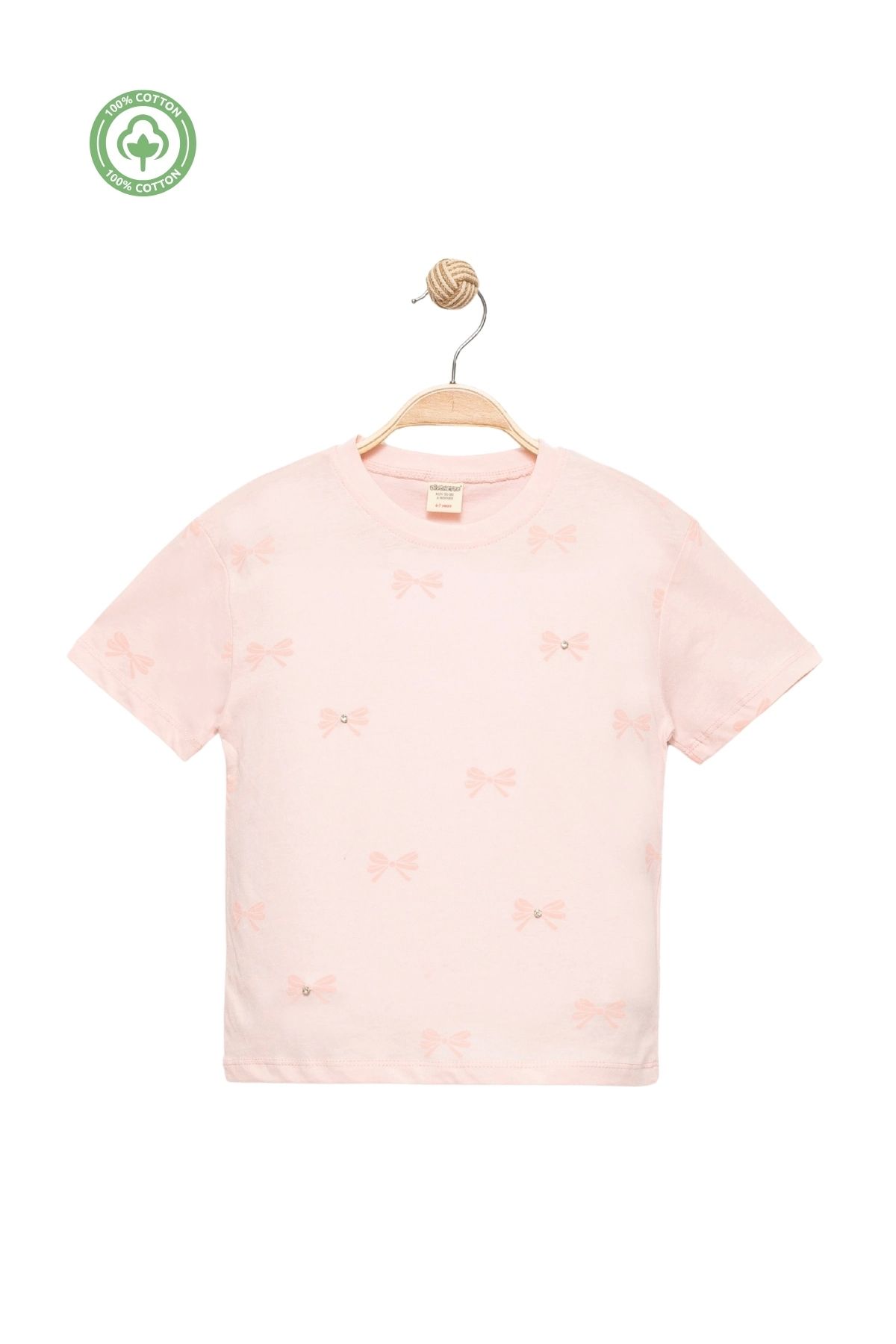 Divonette Kız Çocuk Fiyonklu Taş İşlemeli Kısa Kollu T-shirt -Çocuk Giyim