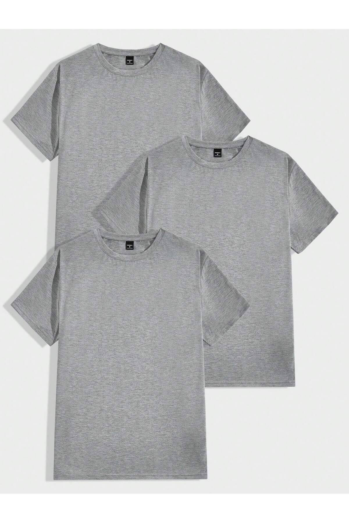modaberry 3'lü Düz Basic Tişört - Gri Oversize Baskısız Yazlık T-Shirt Bisiklet Yaka