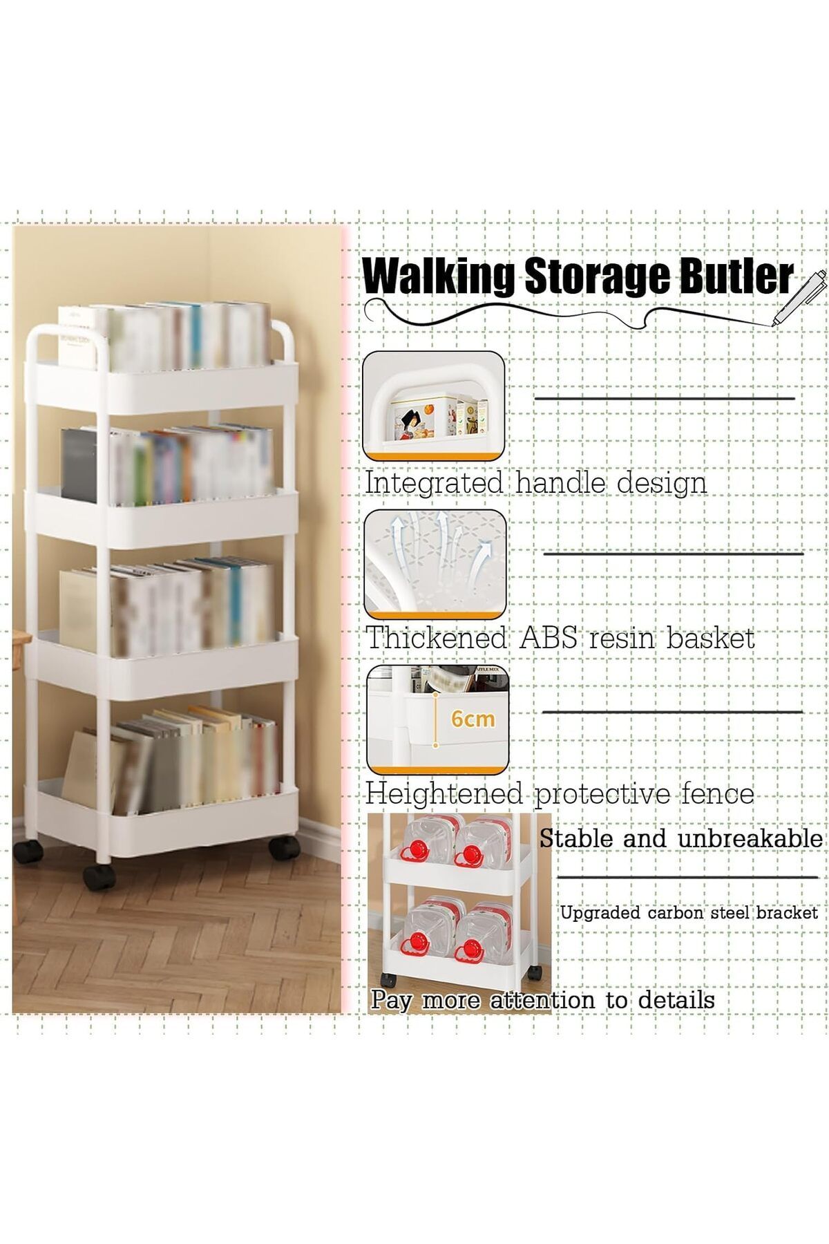 Generic-Thickened Storage Rack with Wheels, Large Capacity Shelves, Plastic Multi-Layer Shelf Unit Rolling 6