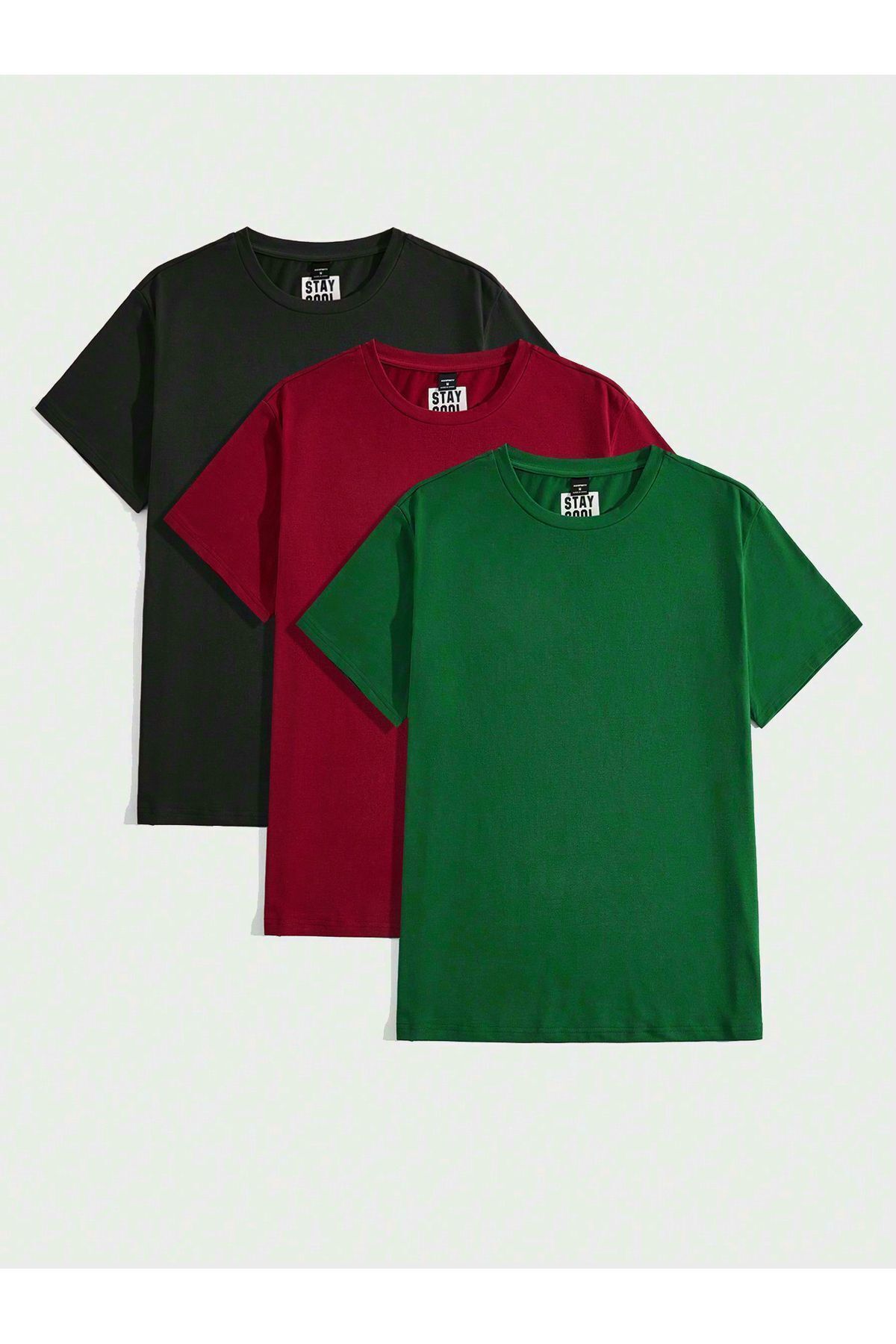 modaberry 3'lü Düz Basic Tişört - Siyah Kırmızı Yeşil Oversize Baskısız Yazlık Kısa Kol T-Shirt Bisiklet Yaka