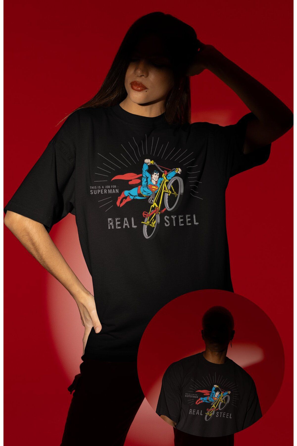 Fuddy Moda Unisex Süpermen Real Steel Yazılı Tişört, Oversize Superman Baskılı T-shirt
