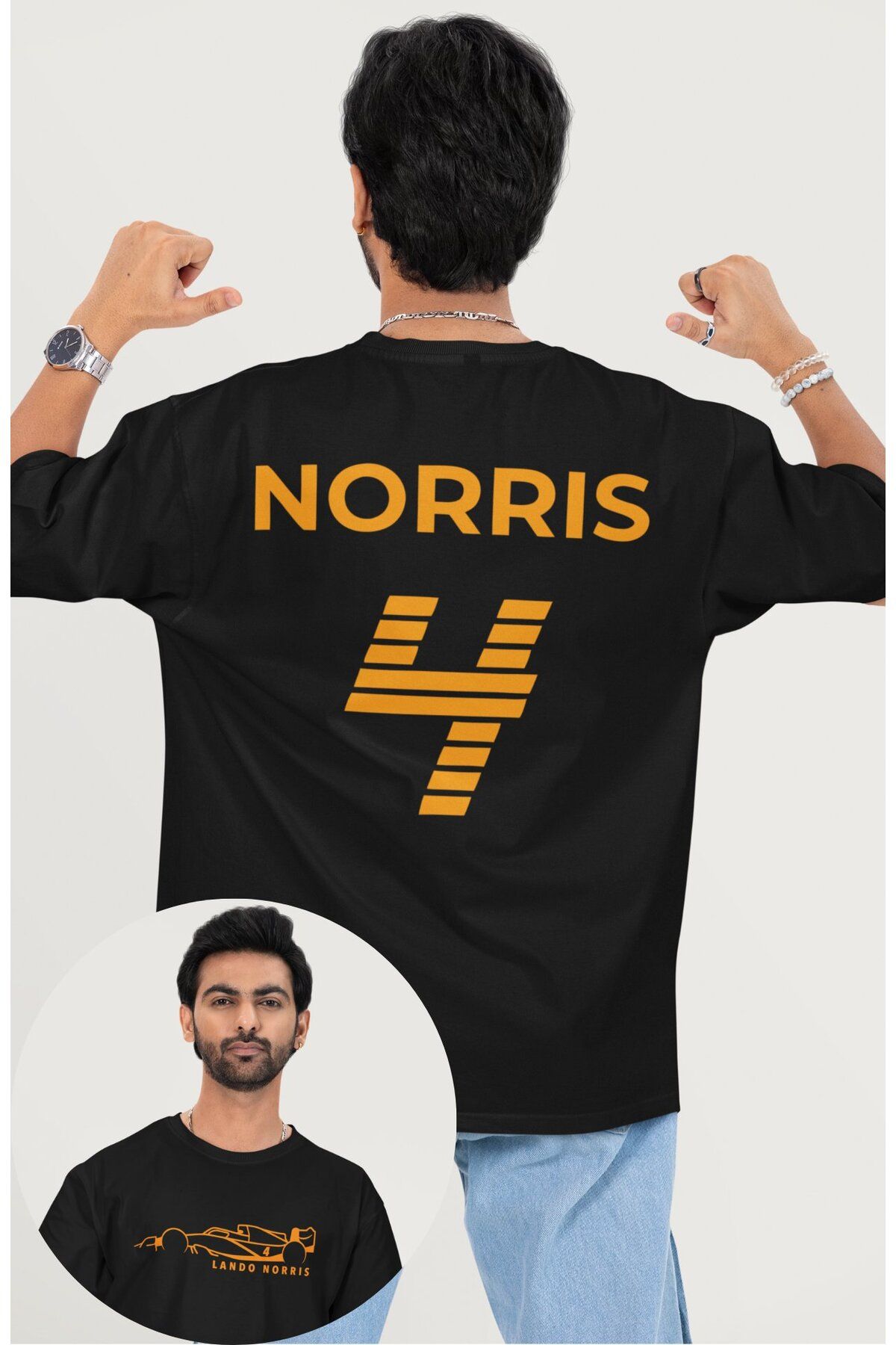 Fuddy Moda Oversize Lando Norris 4 F1 Sırt Baskılı Tişört, Unisex Formula 1 Temalı T-shirt