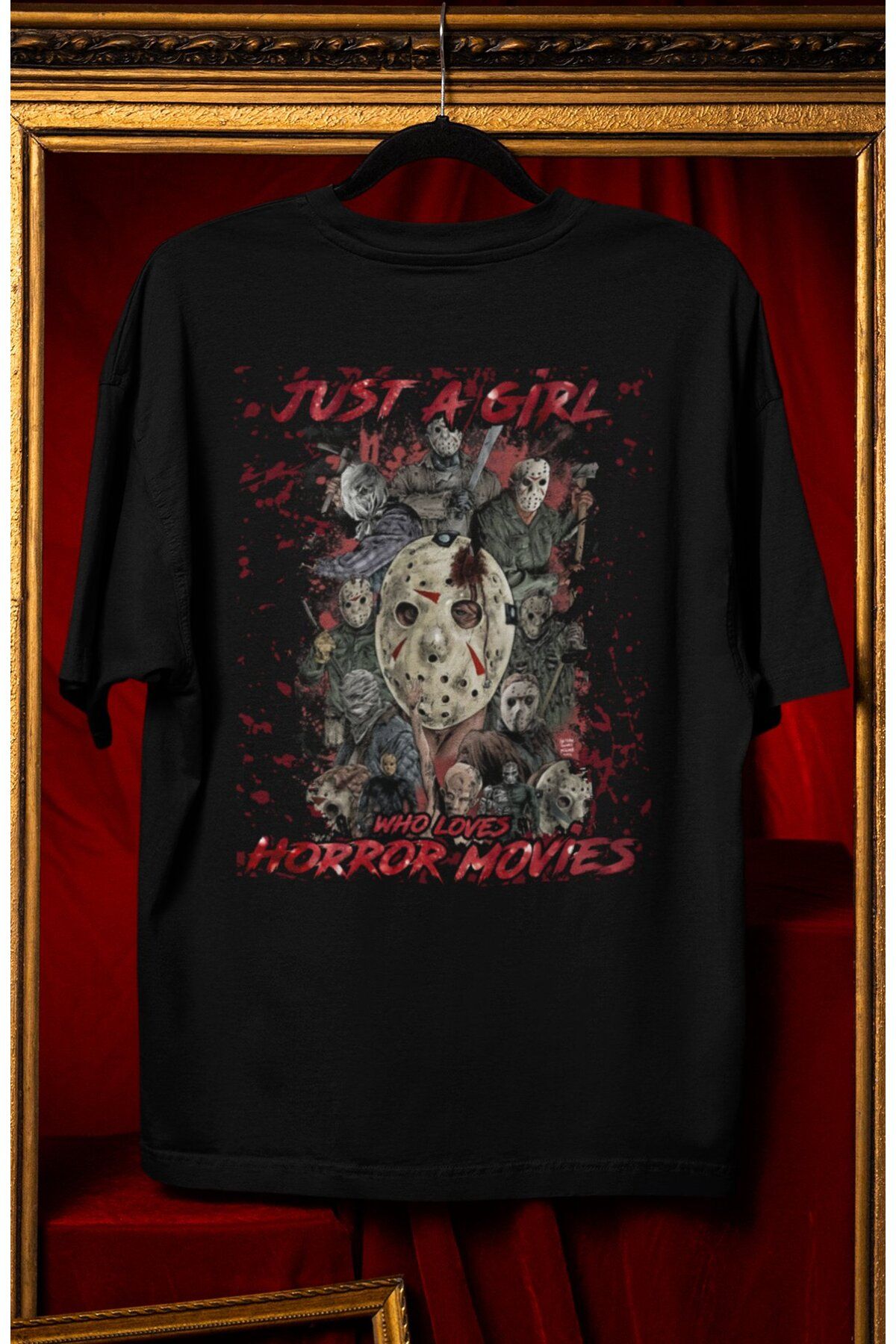 Fuddy Moda Unisex Who Loves Horror Movies Sırt Yazılı Tişört, Oversize Korku Film Temalı T-shirt