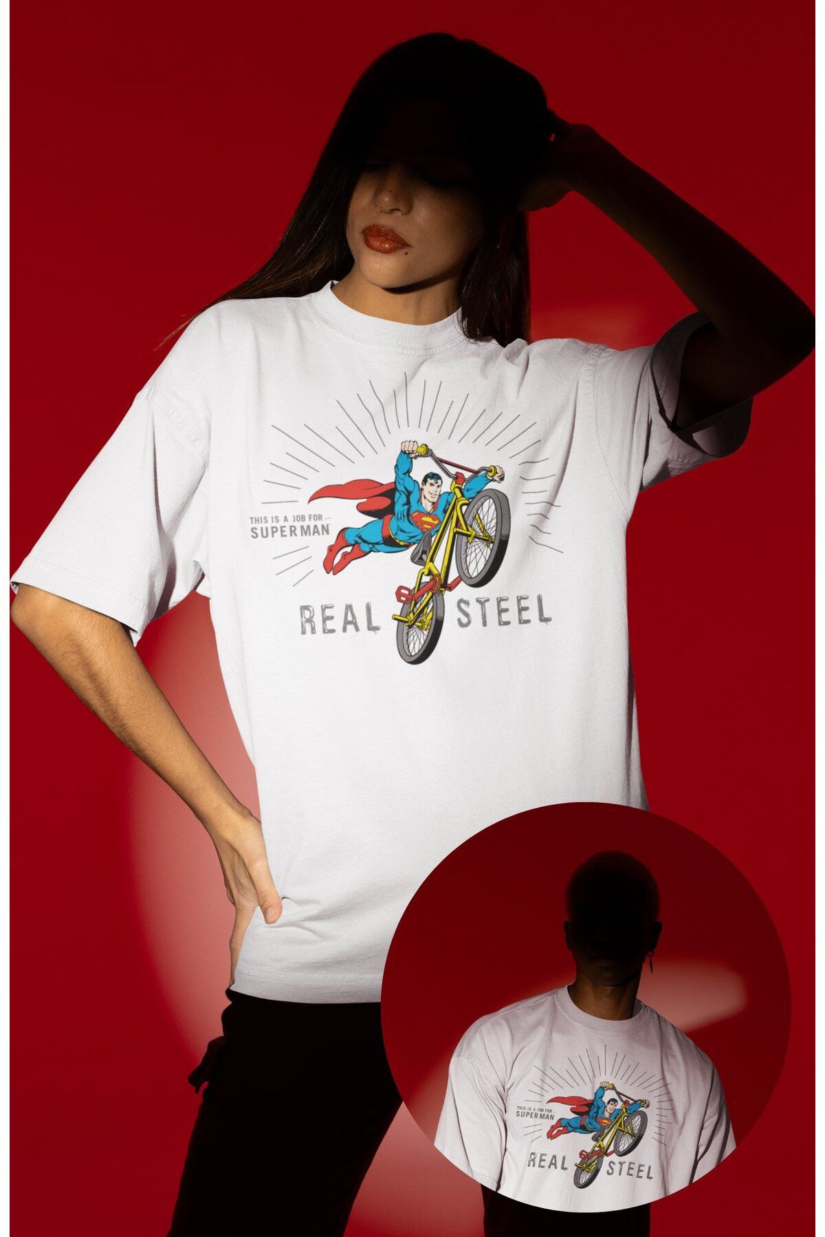 Fuddy Moda Unisex Süpermen Real Steel Yazılı Tişört, Oversize Superman Baskılı T-shirt