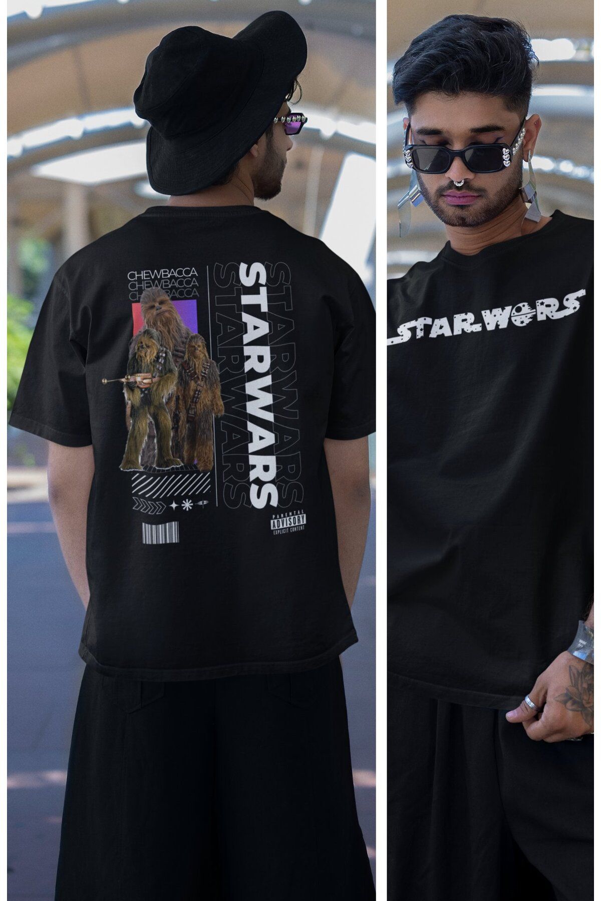 Fuddy Moda Unisex Chewbacca Sırt Baskılı Tişört, Oversize Star Wars Temalı T-shirt