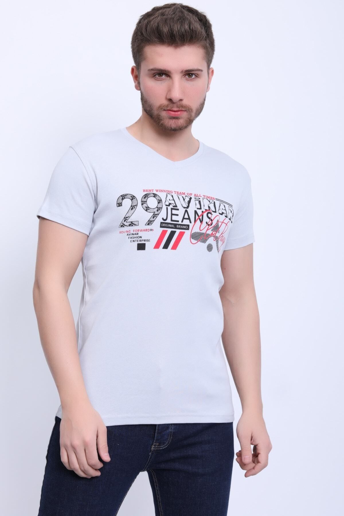 Avinar Unisex V Yaka Baskılı T-shirt