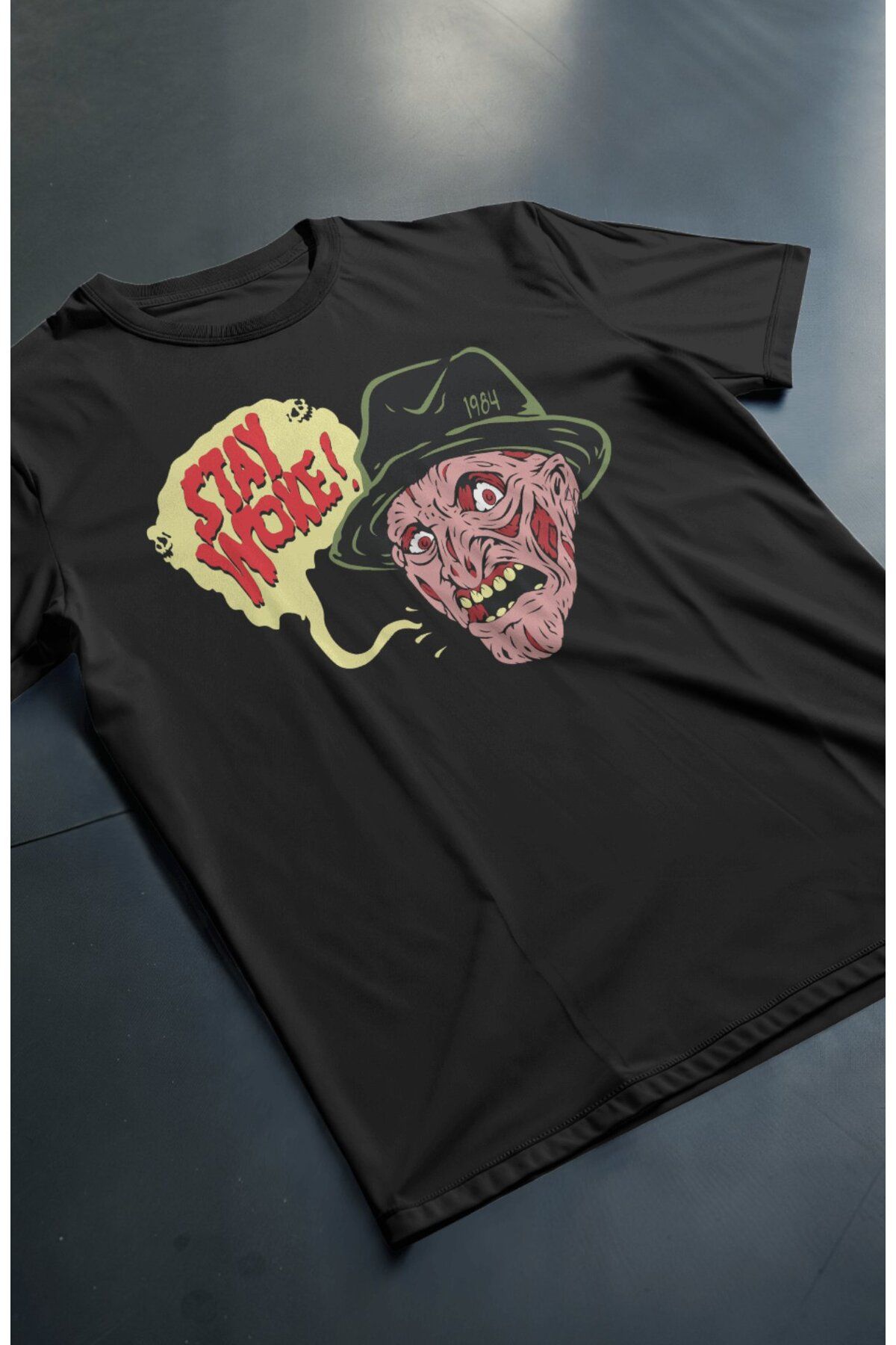 Fuddy Moda Unisex Stay Woke Yazılı Tişört, Oversize Korku Filmi Hallowen Temalı T-shirt