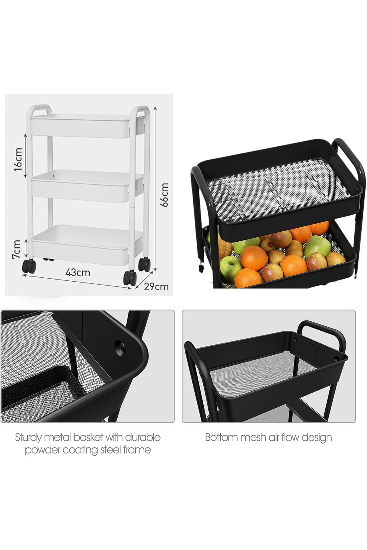 Generic-Andanna Rolling Storage Cart 3 Tier Organizer Mobile Shelving Unit Storage Rolling Utility Cart wit 3